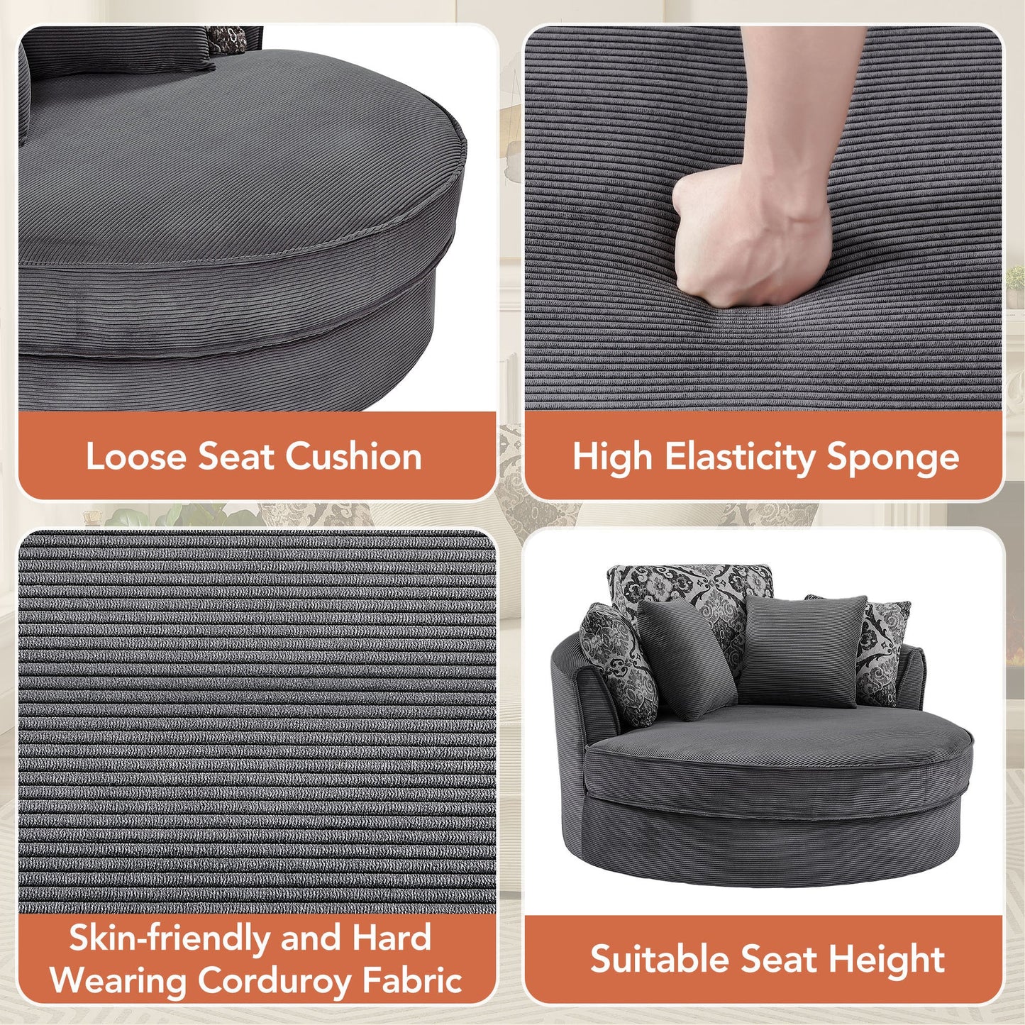 Swivel Accent Barrel Chair With 5 Movable Pillow 360 Degree Swivel Round Sofa Chair for Living Room,Bedroom, Hotel