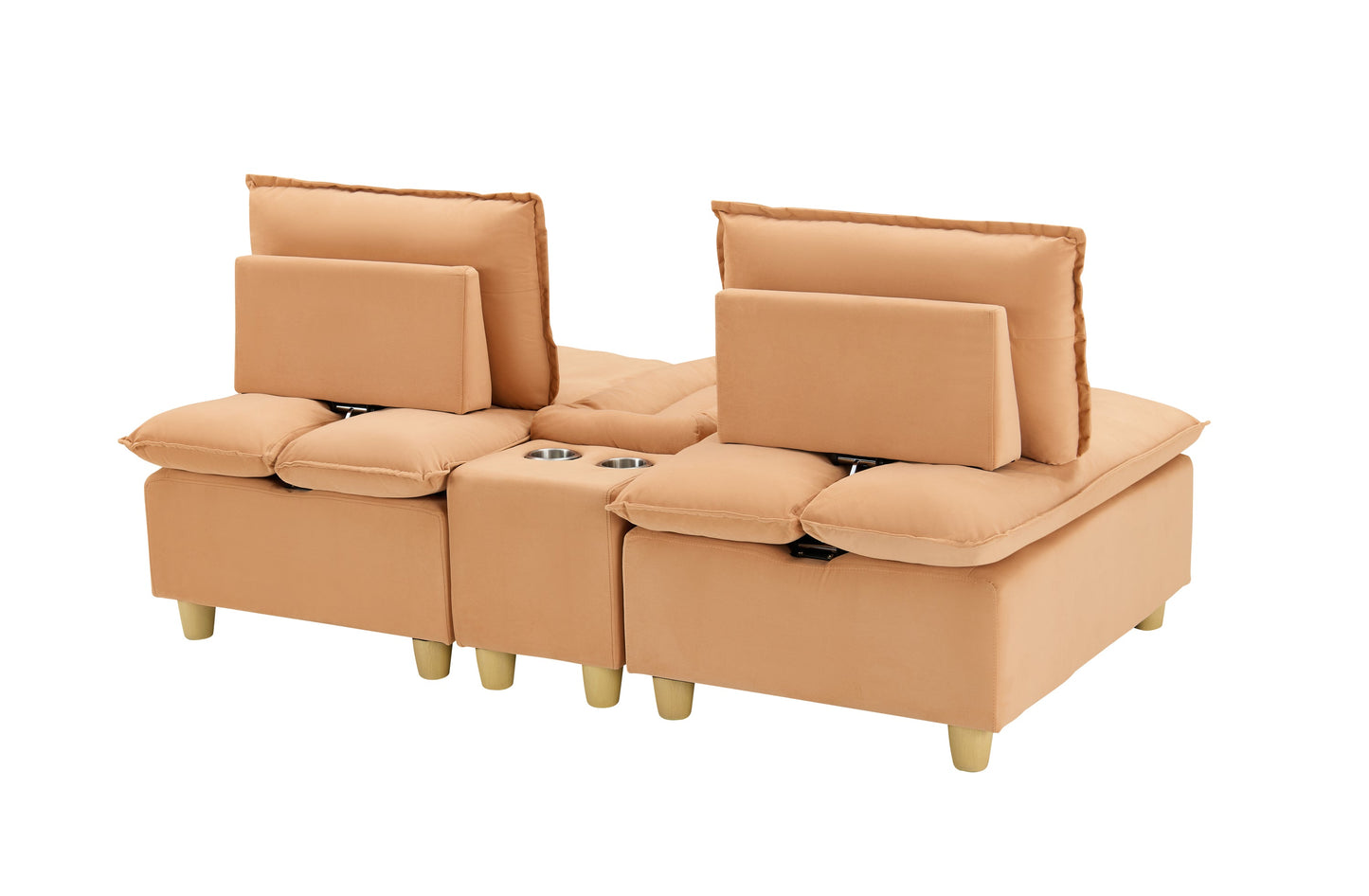74-Inch Fashionable and Minimalist Double-Seater Pumpkin-Colored Flannel Sofa With Cup Holders, an Adjustable Backrest