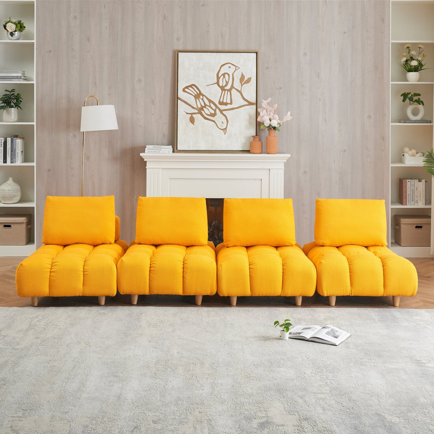 120 Inches Long, Teddy Sofa Fabric, With Spacious and Comfortable Seats, for Apartment Office Living Room -Yellow