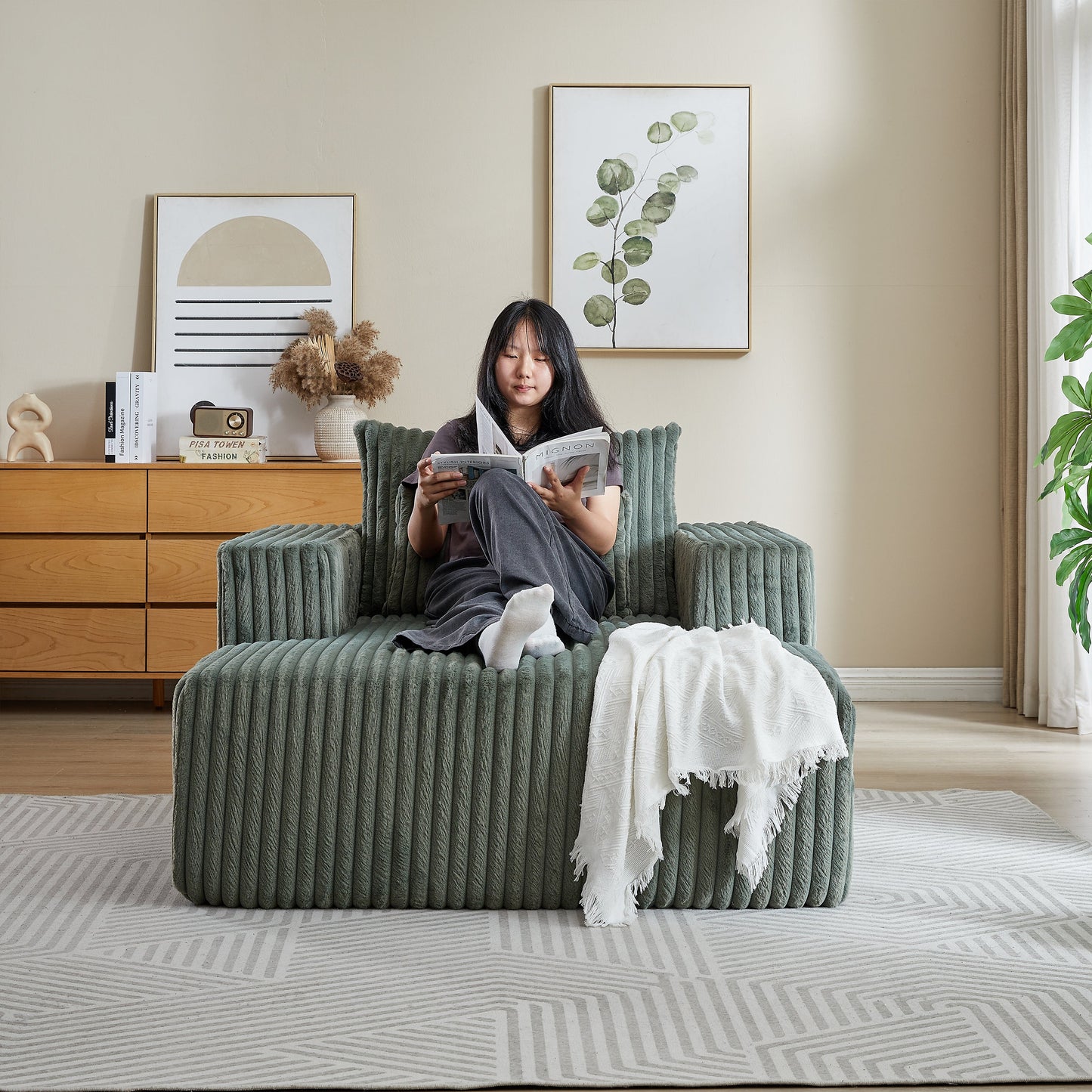 62.5-Inch Corduroy Sponge Sofa Lounge Chair,No Assembly Required,Fluffy Modern Sleeper Chair for Indoor Living Room