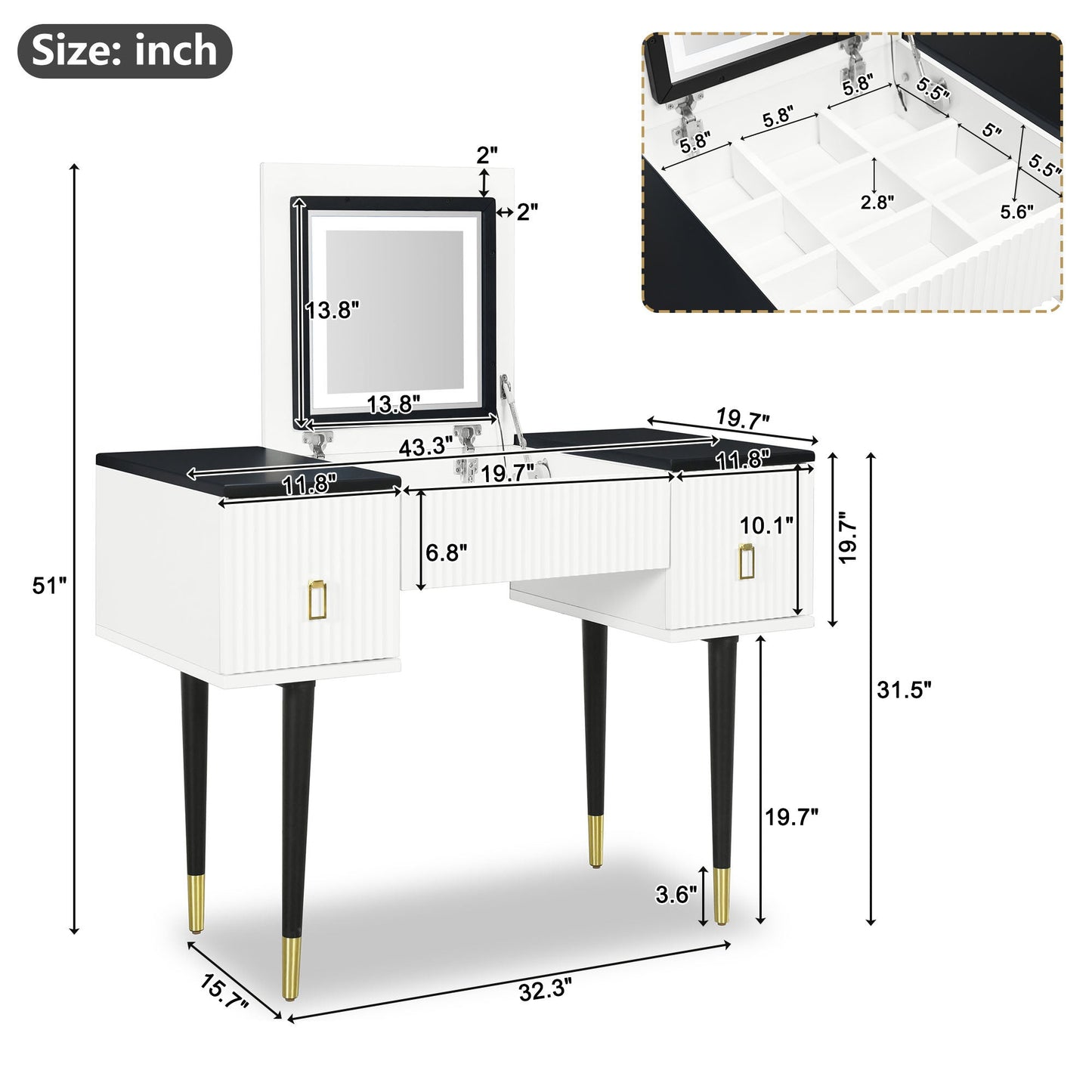 43.3" Modern Vanity Table Set With Flip-Top Mirror and LED Light, Dressing Table With Customizable Storage