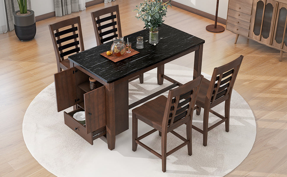 Counter Height 5-Piece Dining Table Set With Faux Marble Tabletop, Solid Wood Table Set With Storage Cabinet and Drawer