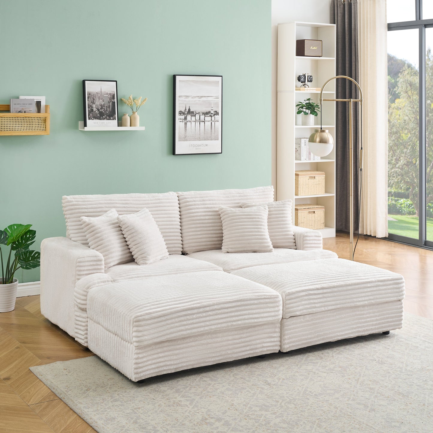 82 Inches Beige Corduroy Sofa, Two Storage Feet +4 Throw Pillows, Create a Living Room, Office Fashion New Darling