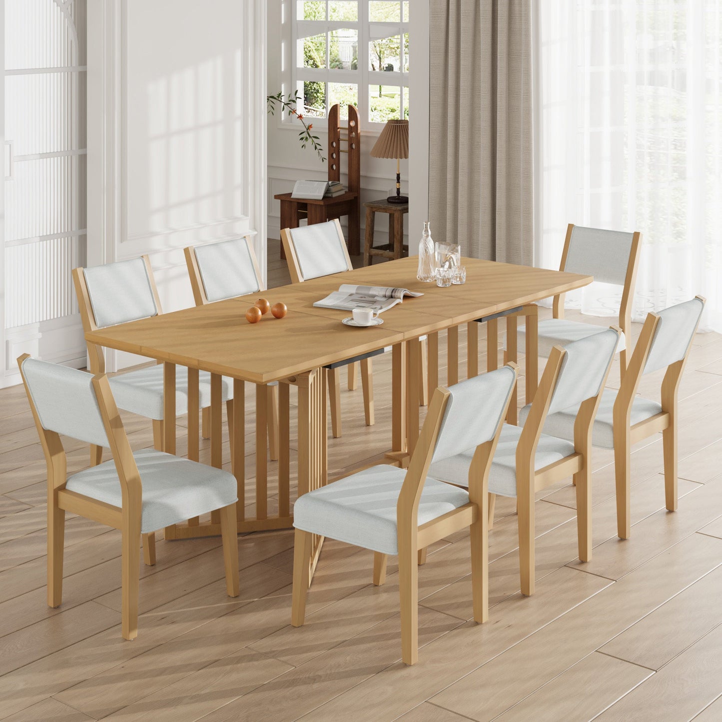 Farmhouse 9-Piece 83.9inch Extendable Dining Table Set With 2 12-Inch Removable Leaves and 8 Upholstered Dining Chairs,