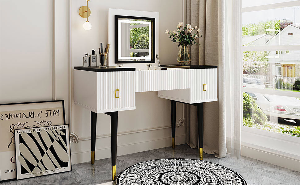 43.3" Modern Vanity Table Set With Flip-Top Mirror and LED Light, Dressing Table With Customizable Storage
