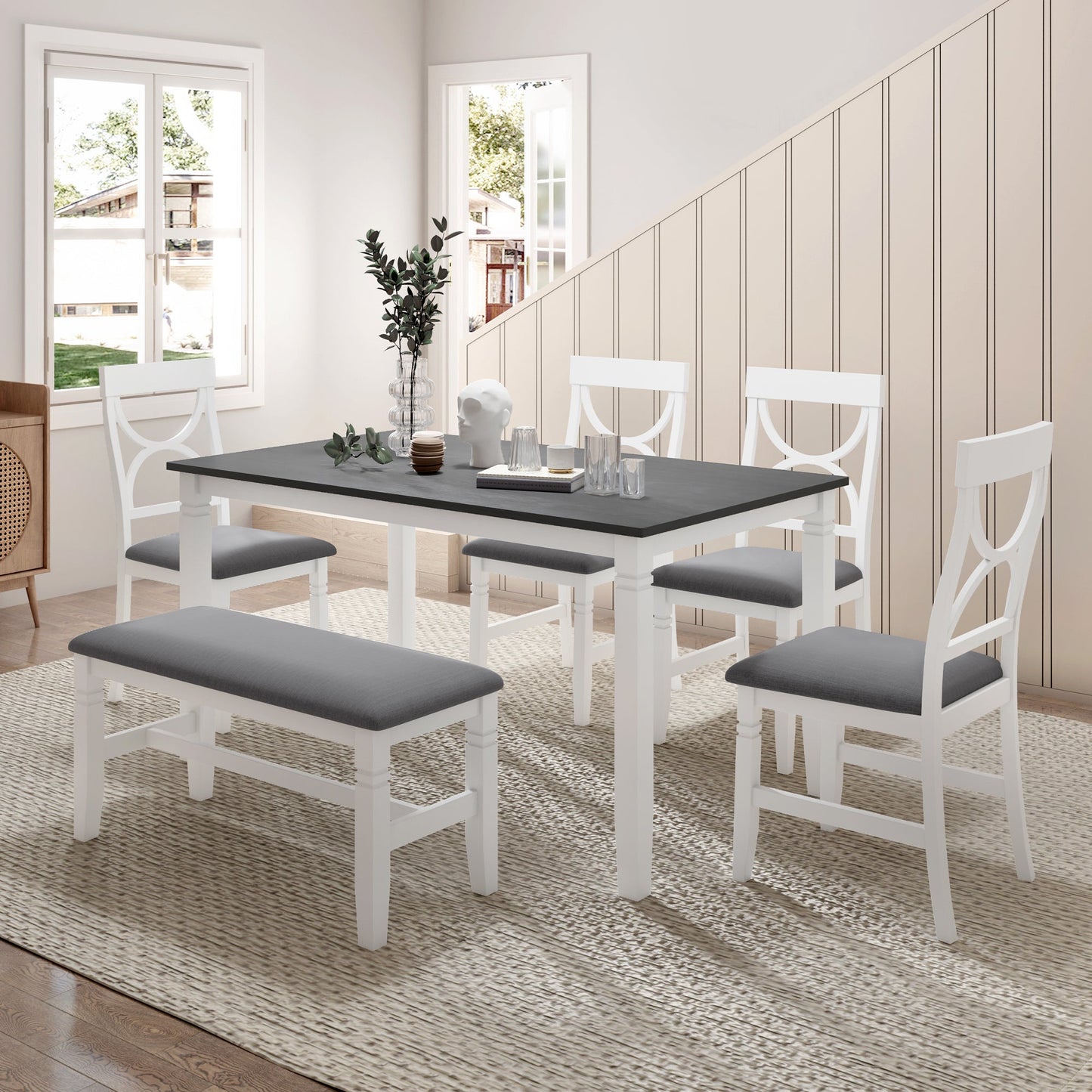 6-Piece Wood Dining Table Set Kitchen Table Set With Upholstered Bench and 4 Dining Chairs, Farmhouse Style,Gray+White