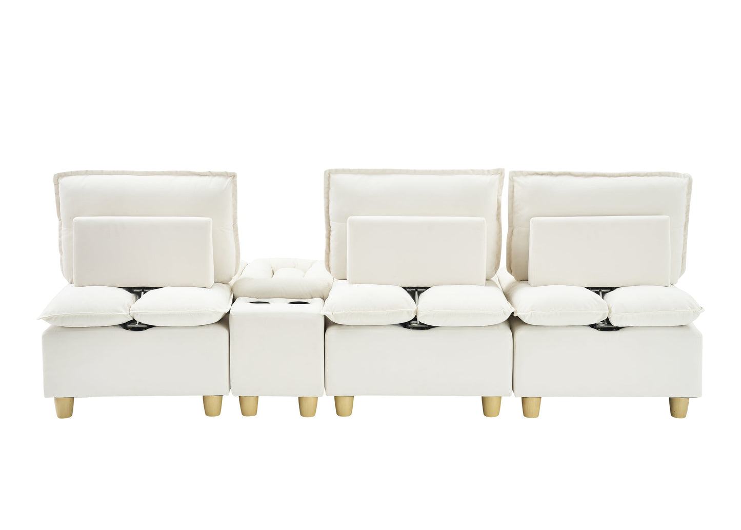 104-Inch Fashionable and Minimalist Straight-Row Three-Seater Off-White Flannel Sofa With a Storage Compartment, Cup Holder