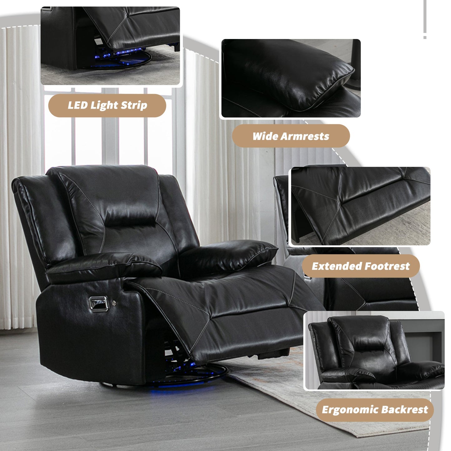 360° Swivel and Rocking Home Theater Recliner Manual Recliner Chair With a LED Light Strip for Living Room,Bedroom