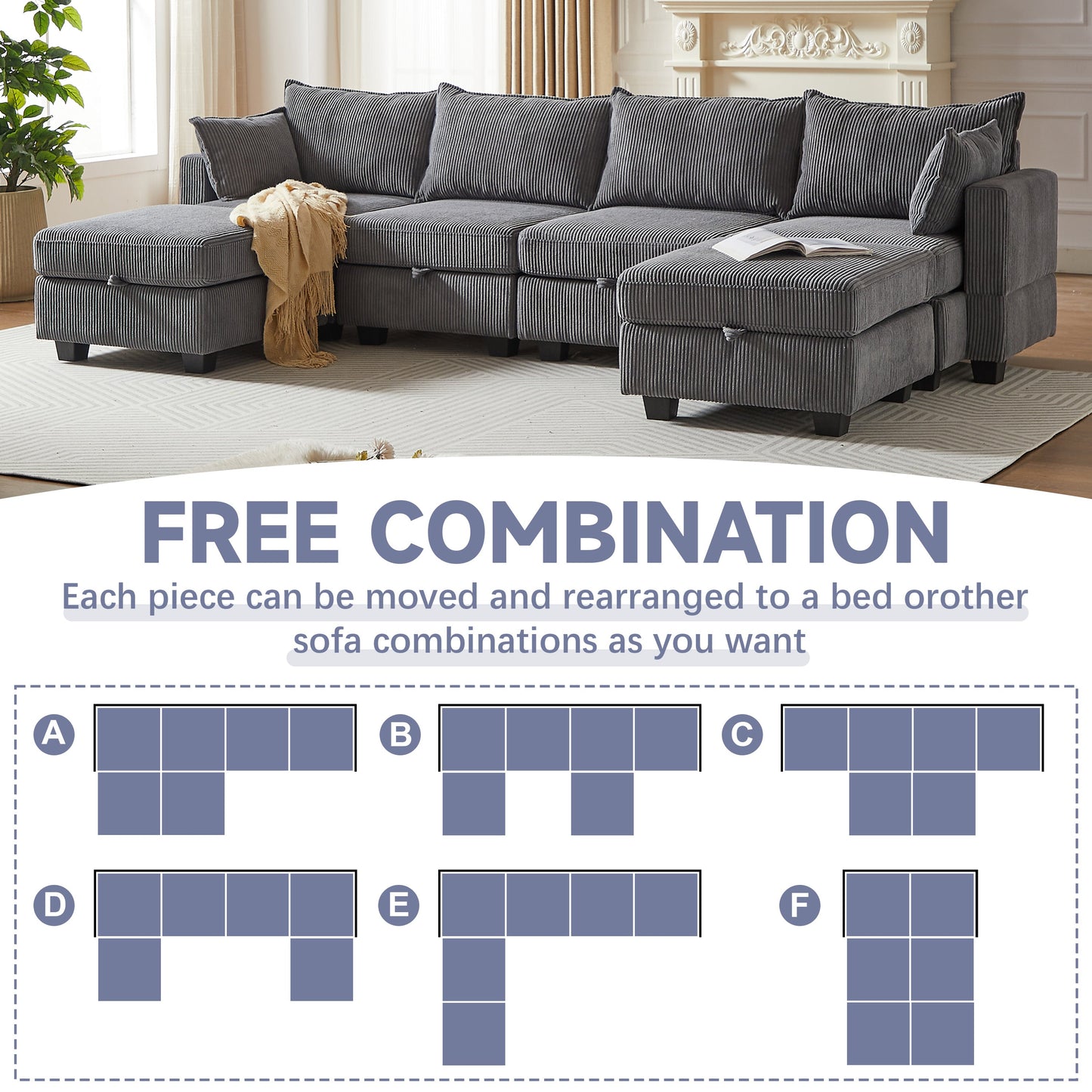 113.5'' Modular Sectiona Corduroy Sofa, Sectional Couches for Living Room U Shaped Sectional Couch With Storage Ottoman