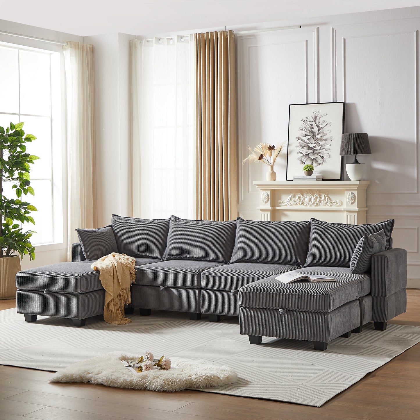 113.5'' Modular Sectiona Corduroy Sofa, Sectional Couches for Living Room U Shaped Sectional Couch With Storage Ottoman