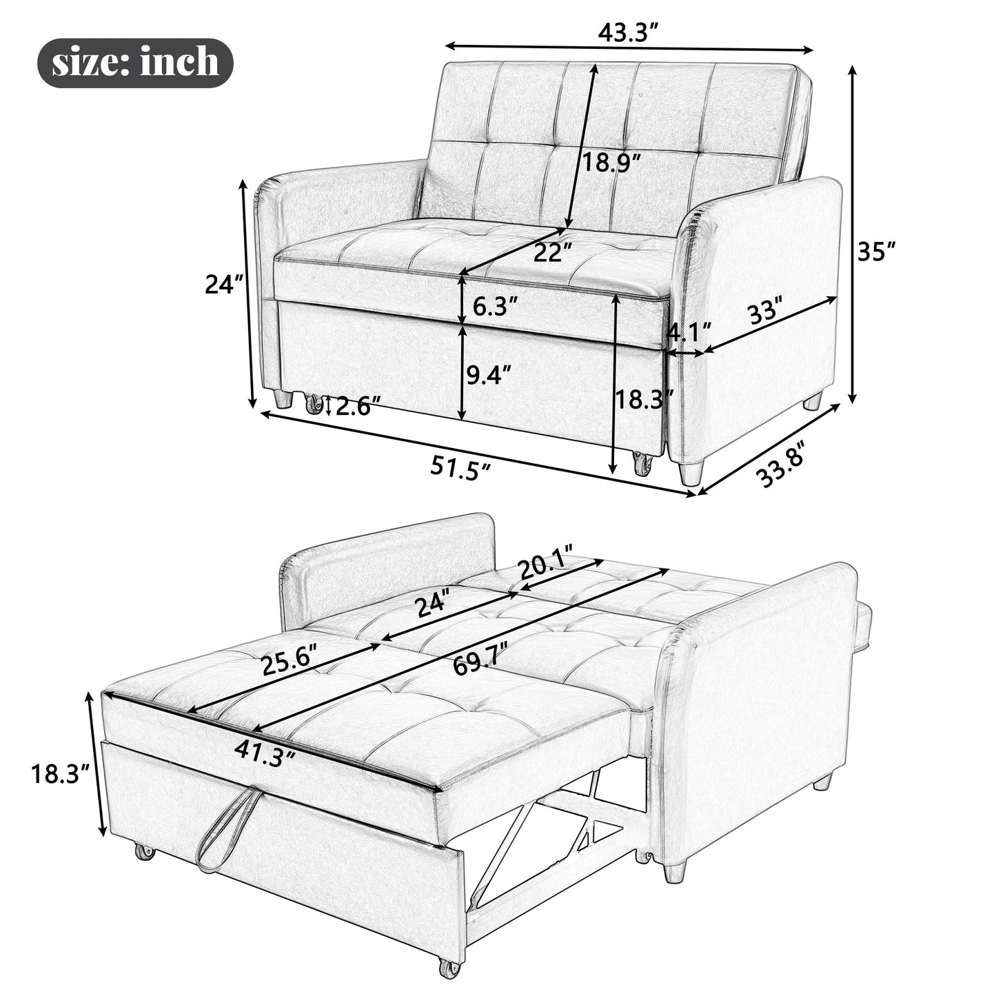 51" Convertible Sleeper Bed, Adjustable Oversized Armchair With Dual USB Ports for Small Space