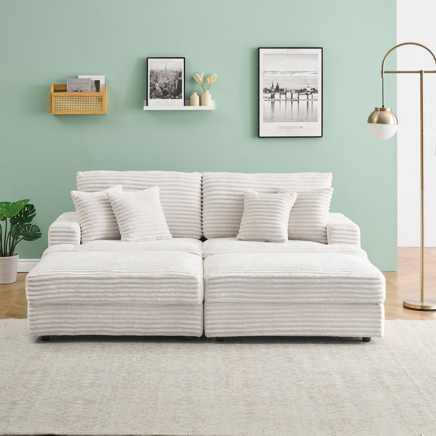 82 Inches Beige Corduroy Sofa, Two Storage Feet +4 Throw Pillows, Create a Living Room, Office Fashion New Darling