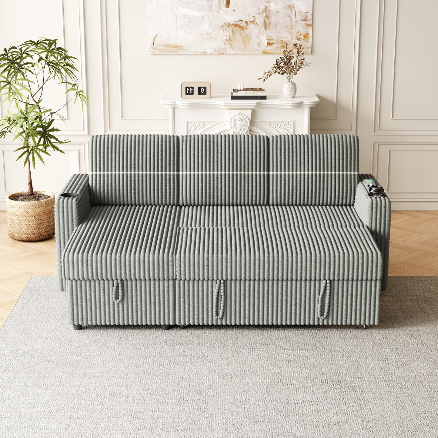 85 Inches Corduroy Sofa Bed, 3 Seater Sleeper Sofa With Storage Chaise, Square Handrail With Two Cup-Holder and USB Charger