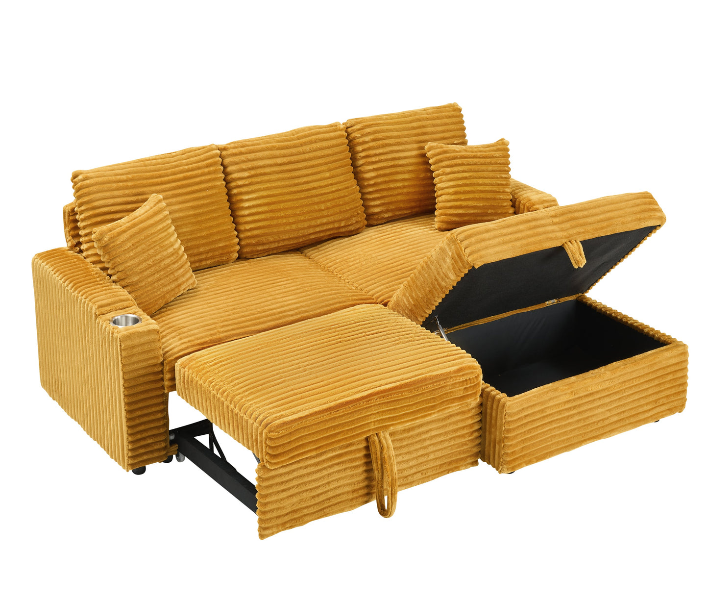 An 80-Inch Foldable and Hidden Chaise Longue Orange Corduroy Sofa With Cup Holders on the Armrests, a Footrest and Storage