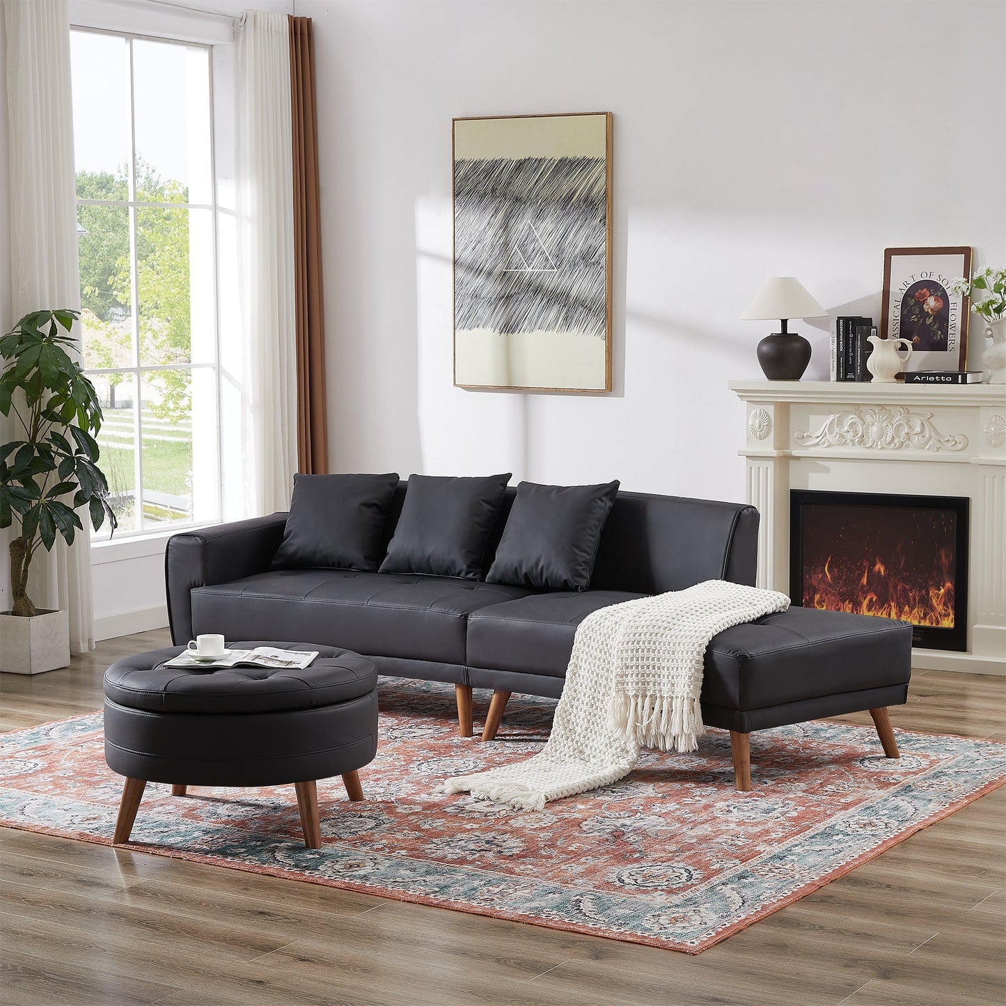 107" Contemporary Sofa Stylish Sofa Couch With a Round Storage Ottoman and Three Removable Pillows for Living Room, Black