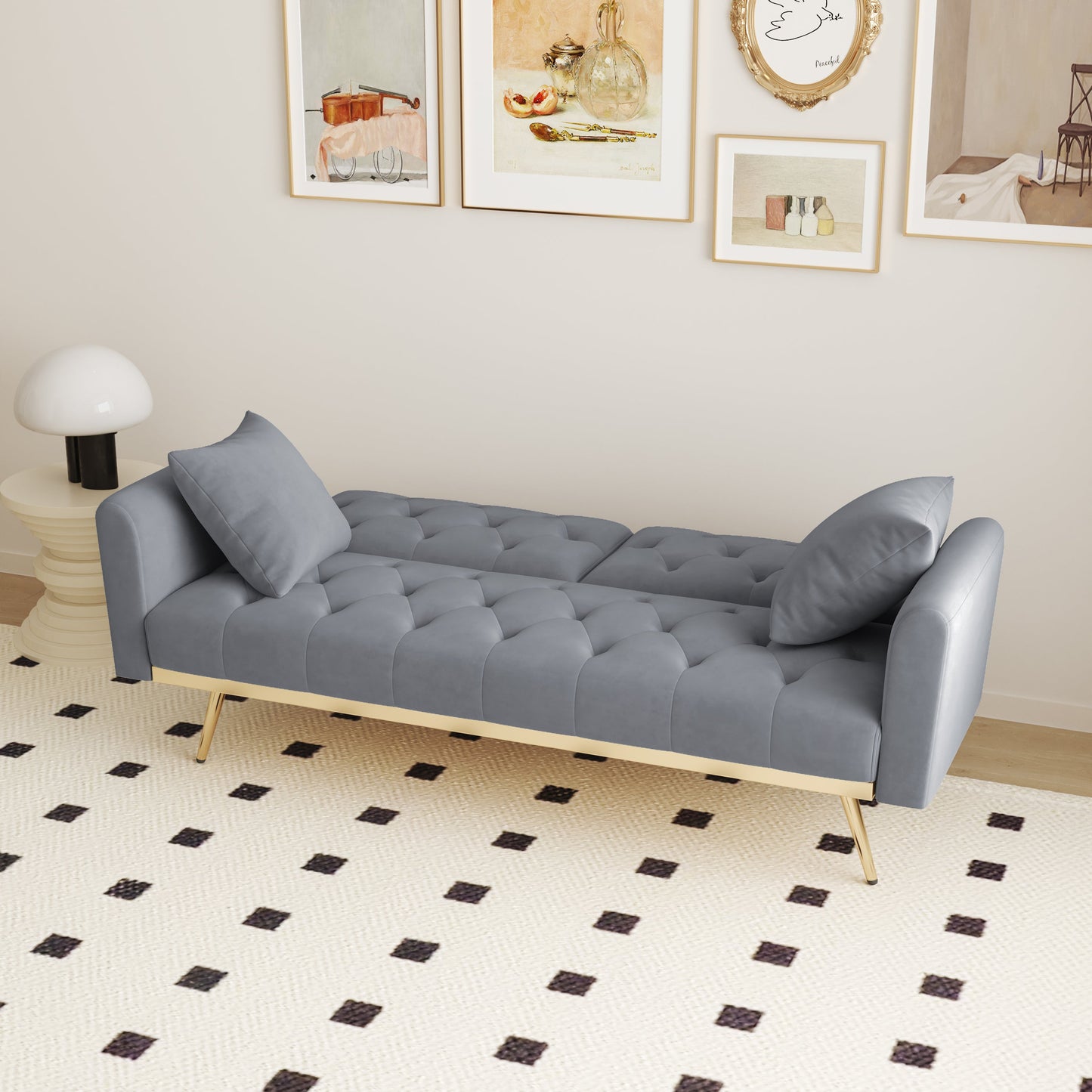68.3" Gray Velvet Nail Head Sofa Bed With Throw Pillow and Midfoot
