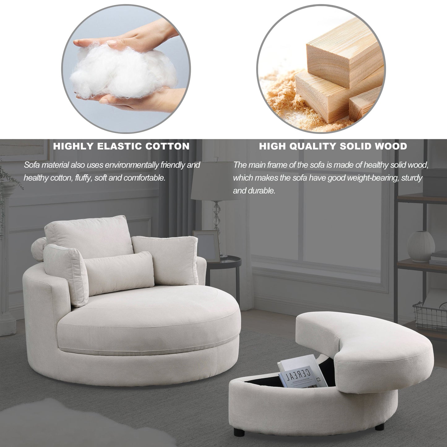 Swivel Accent Barrel Modern Sofa Lounge Club Big Round Chair With Storage Ottoman Linen Fabric for Living Room