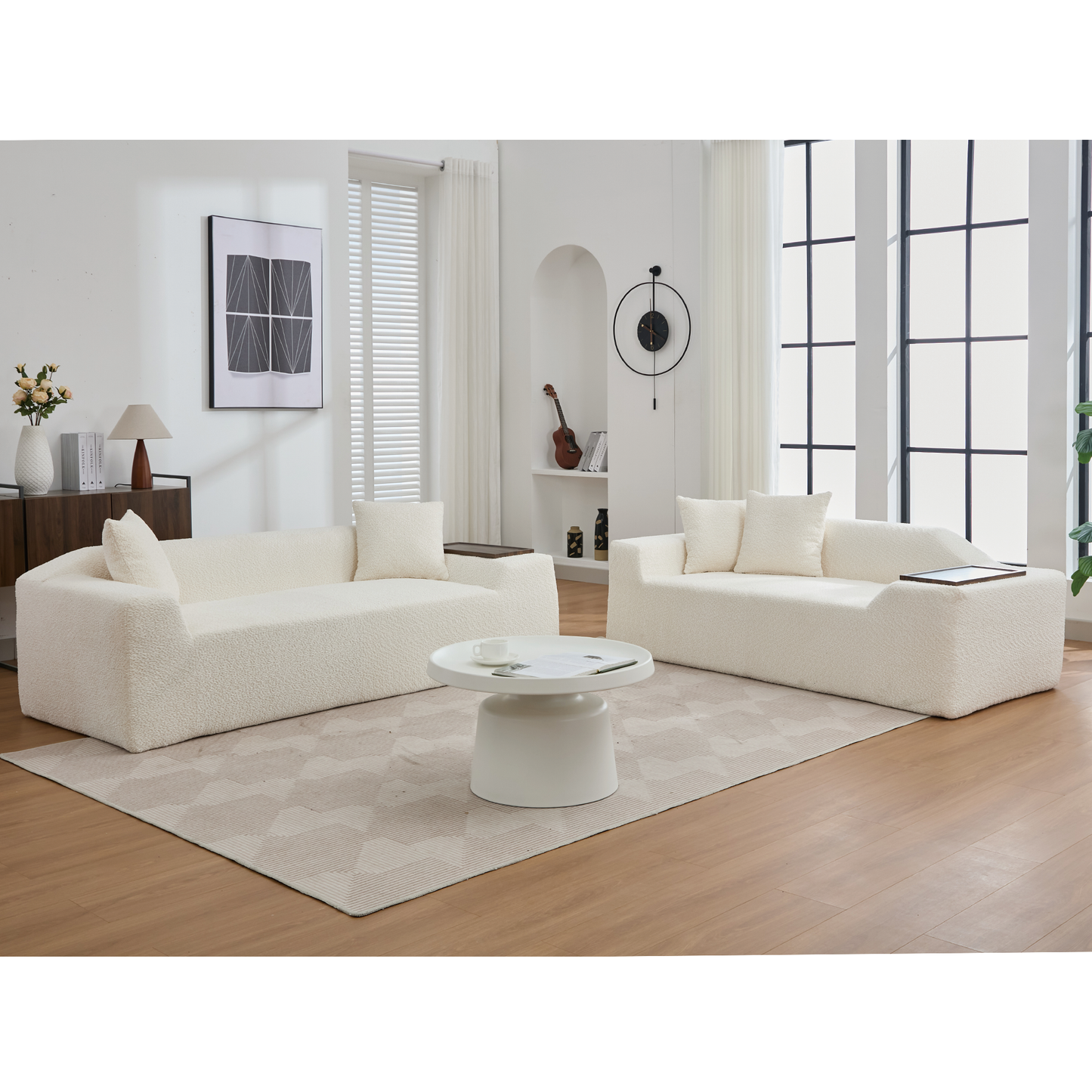 2 Piece Boucle Cloud Sofa Set, Upholstered Sofa Set, Modern 3 Seater and 2 Seater Sofa With MDF End Table for Living Room