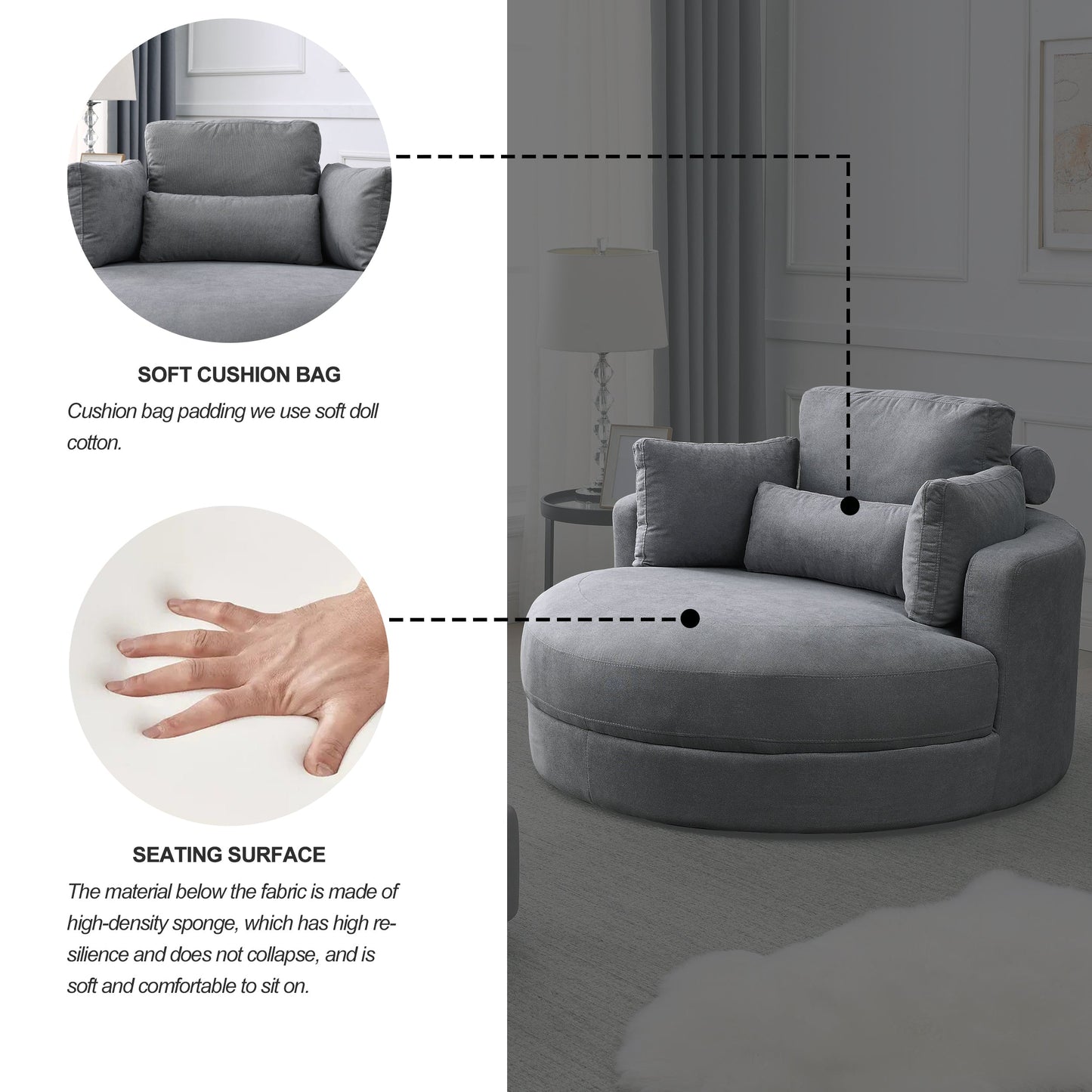 Swivel Accent Barrel Modern Dark Grey Sofa Lounge Club Big Round Chair With Storage Ottoman Linen Fabric for Living Room
