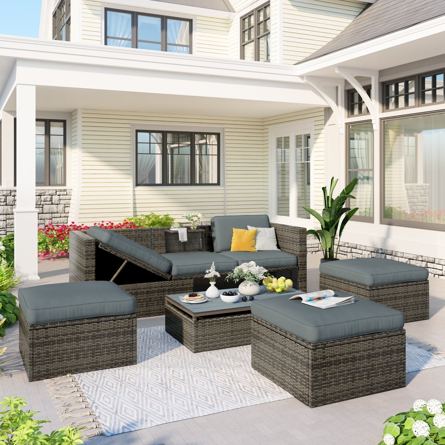 Patio Furniture Sets, 5-Piece Patio Wicker Sofa With Adustable Backrest, Cushions, Ottomans and Lift Top Coffee Table