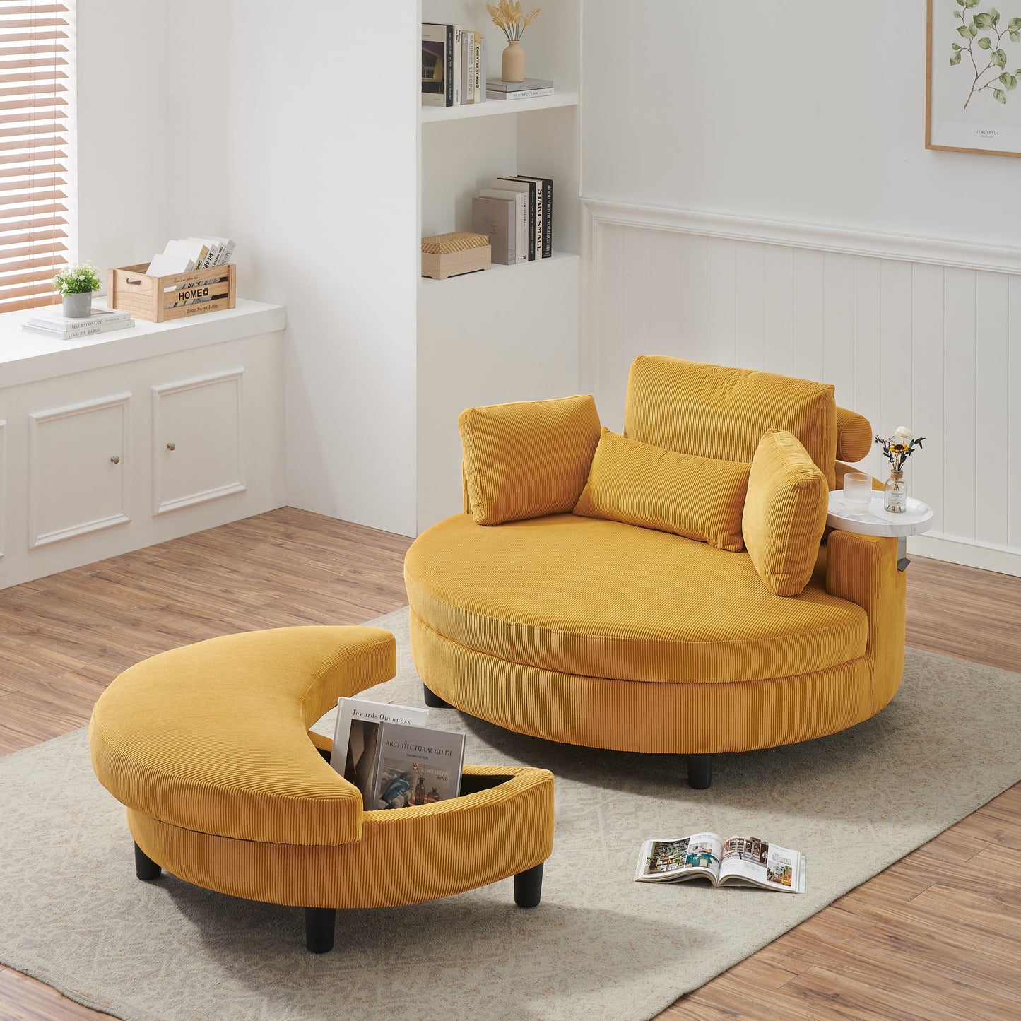 51-Inch Beige Corduroy Sofa With Two Throw Pillows and a Waist Pillow With an Extra Tray for Comfortable Seating