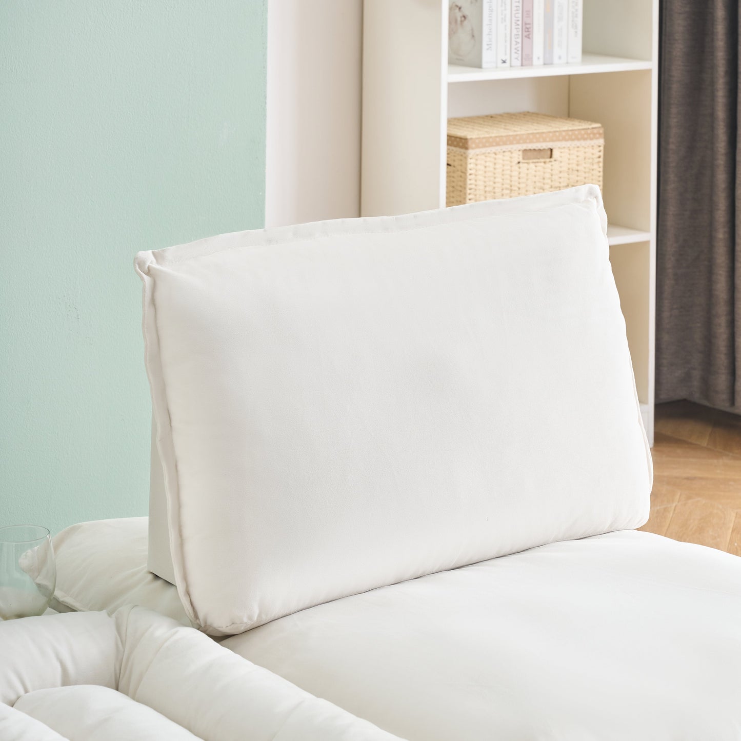 104-Inch Fashionable and Minimalist Straight-Row Three-Seater Off-White Flannel Sofa With a Storage Compartment, Cup Holder