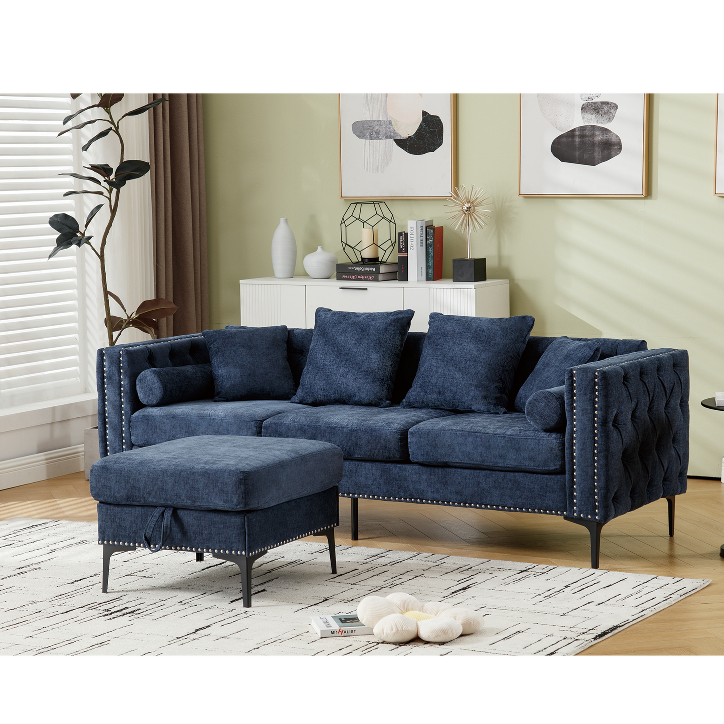 L Shaped Sectional Sofa , Convertible Storage Ottoman,Chenille ,Square Arm, Modern Tufted Couch ,3 Seater