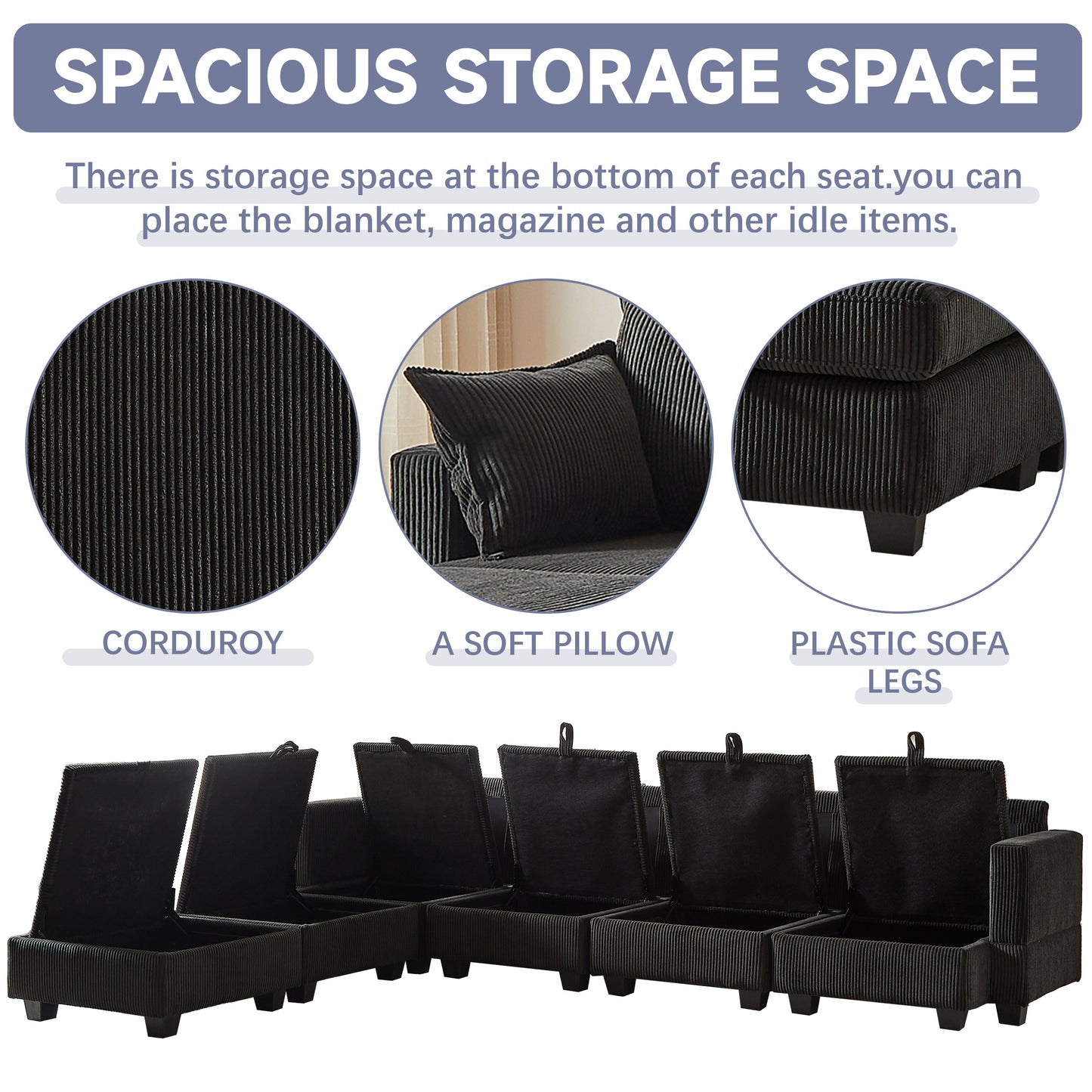 113.5'' Modular Sectiona Corduroy Sofa, Sectional Couches for Living Room U Shaped Sectional Couch With Storage Ottoman