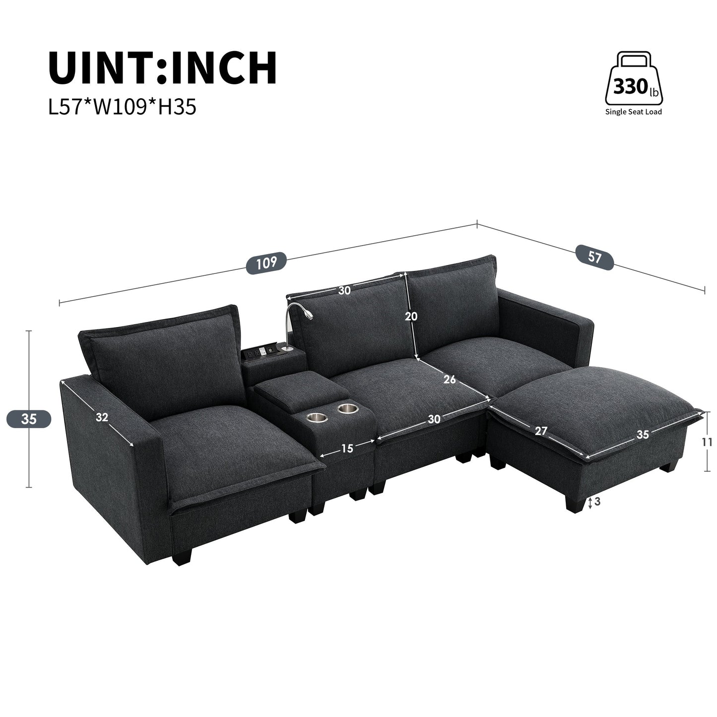 109*57" Modern Sectional Cloud Sofa With Console,USB Charger,Reading Light,Cup Holder,Wide Seat,4 Seat Chenille Modular