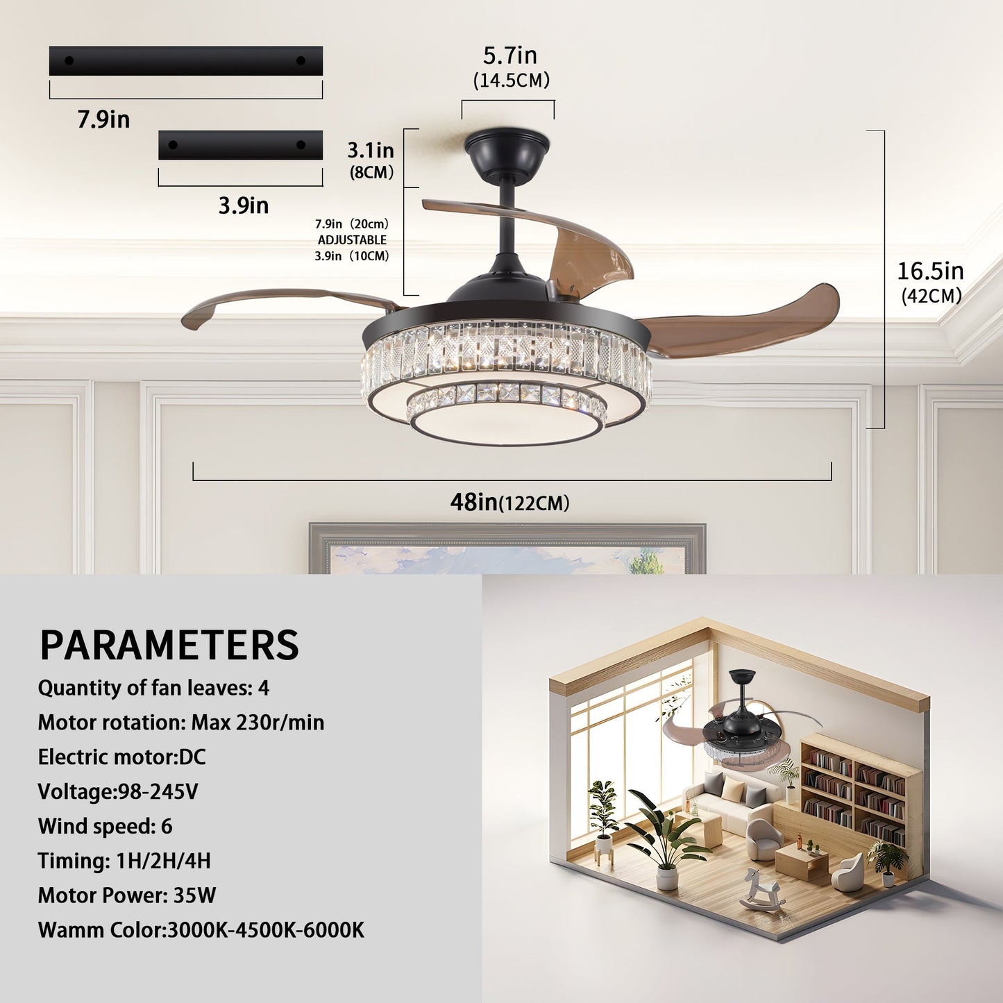 Contemporary LED Retractable Ceiling Fan With Light and Remote Control, Quiet Reversible Motor