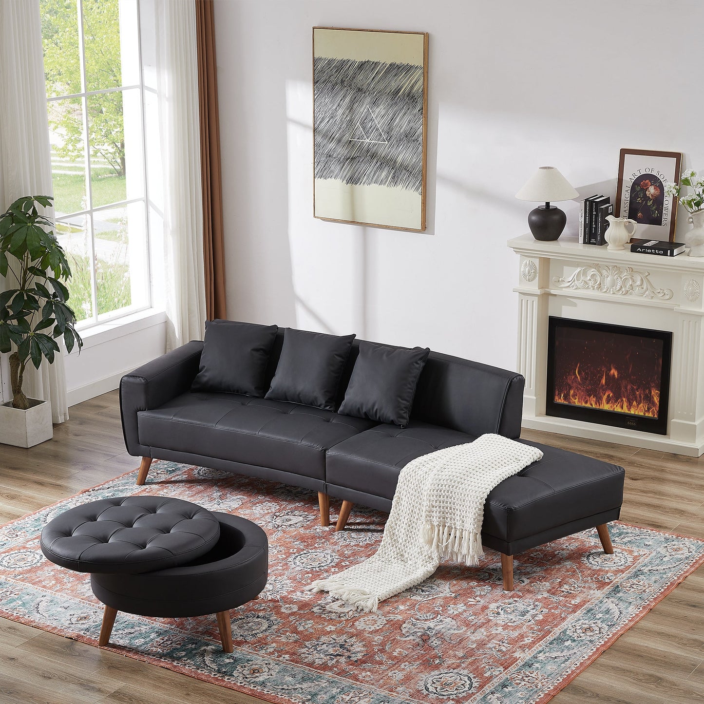 107" Contemporary Sofa Stylish Sofa Couch With a Round Storage Ottoman and Three Removable Pillows for Living Room, Black