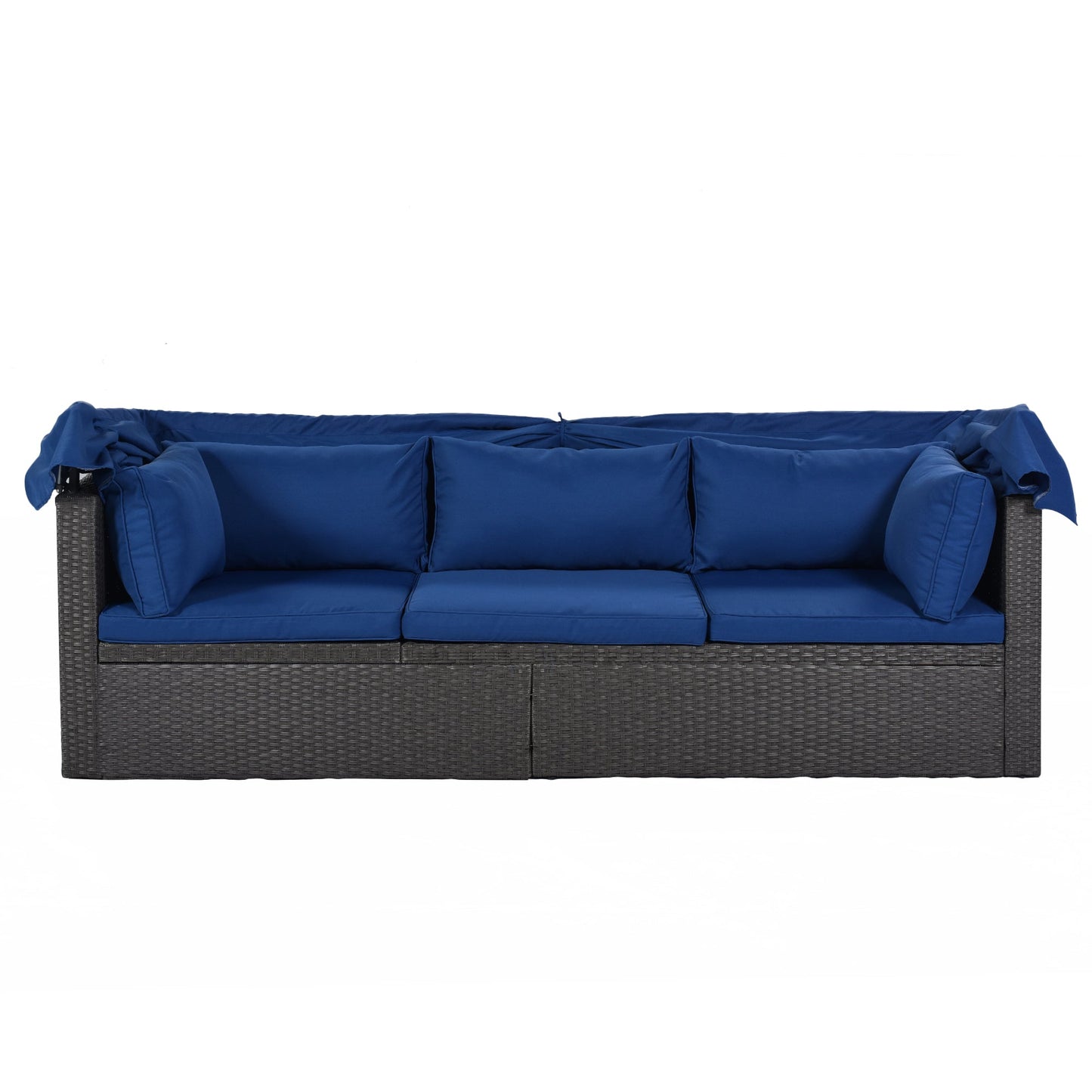 Outdoor Patio Rectangle Daybed With Retractable Canopy, Wicker Furniture Sectional Seating With Washable Cushions