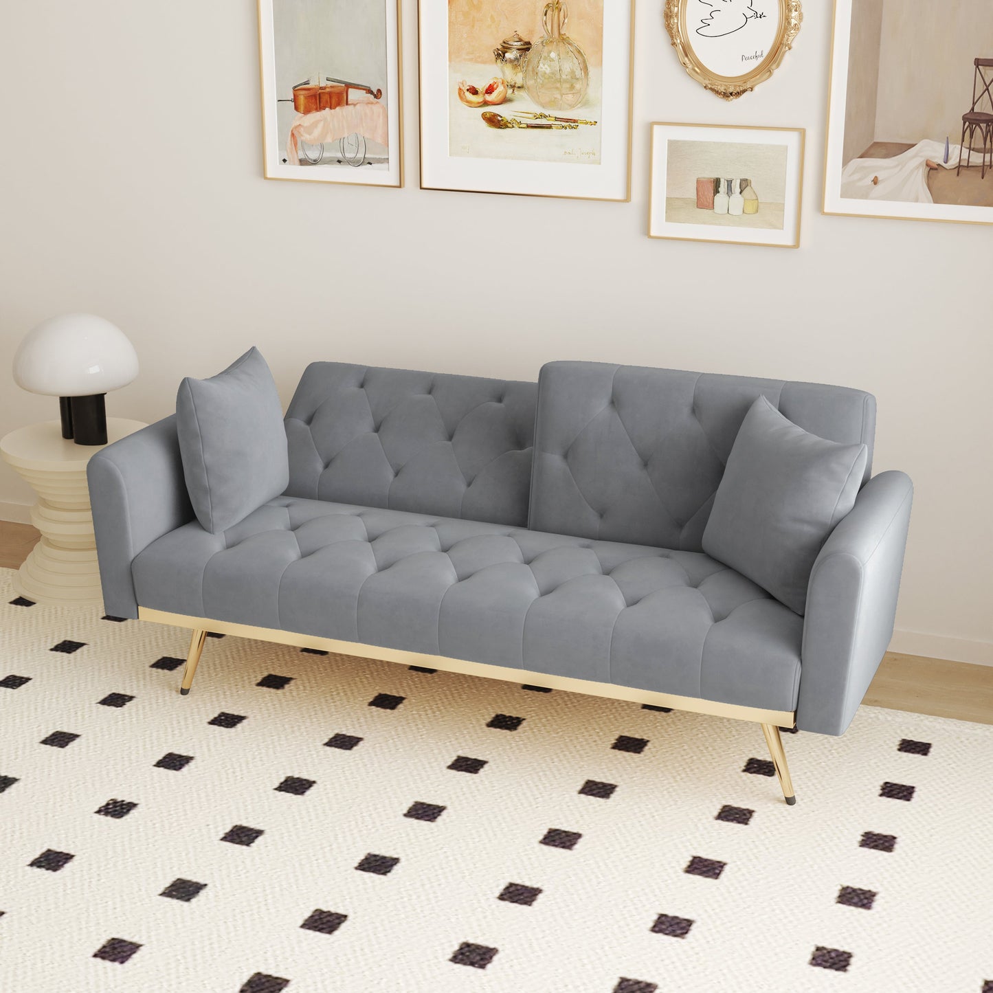 68.3" Gray Velvet Nail Head Sofa Bed With Throw Pillow and Midfoot
