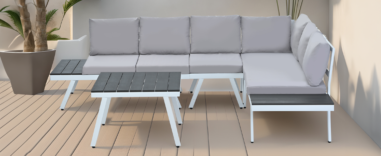 Industrial 5-Piece Aluminum Outdoor Patio Furniture Set, Modern Garden Sectional Sofa Set With End Tables, Coffee Table