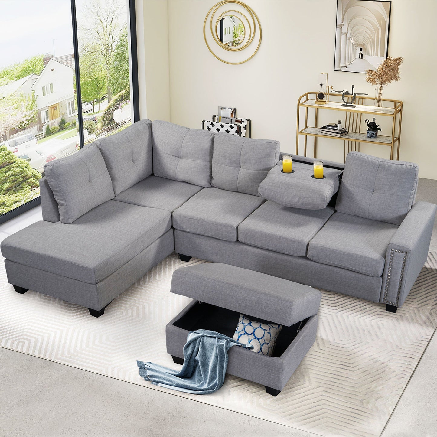 Reversible Sectional Sofa Space Saving With Storage Ottoman Rivet Ornament
