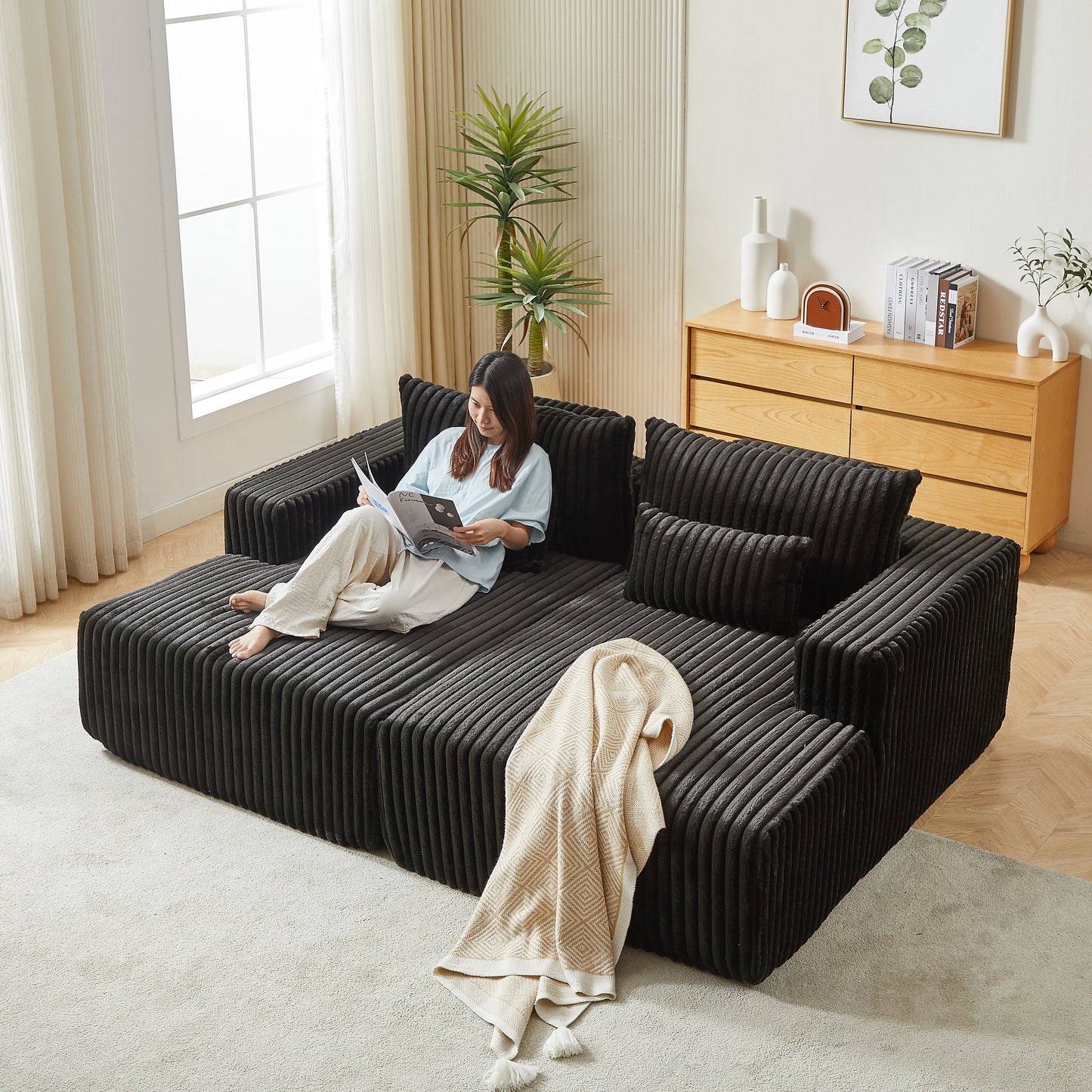 87" Oversized Sectional Lounge Chaise ,No Assembly Required,Cloud Plush Loveseat With Reclining Sofa Bed,Fluffy Modern