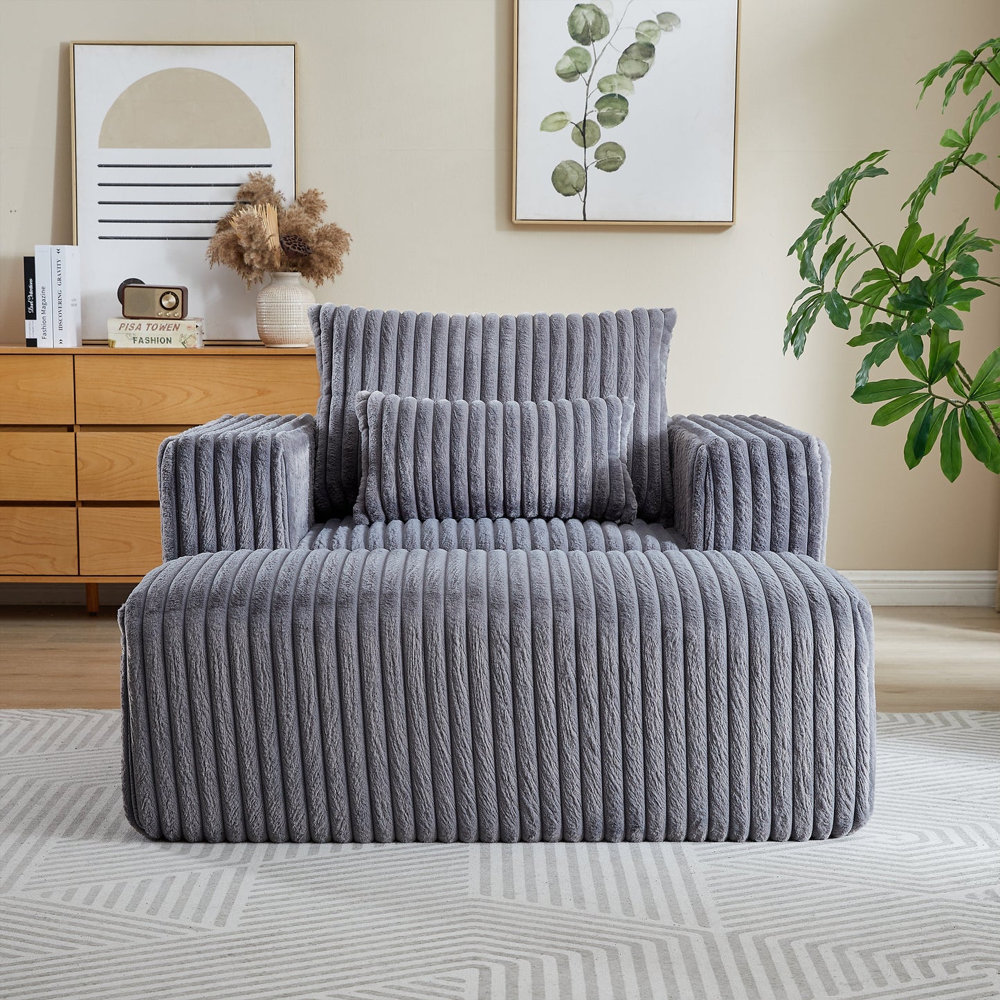 62.5-Inch Corduroy Sponge Sofa Lounge Chair With Removable Footrest,No Assembly Required,Fluffy Modern Sleeper Chair