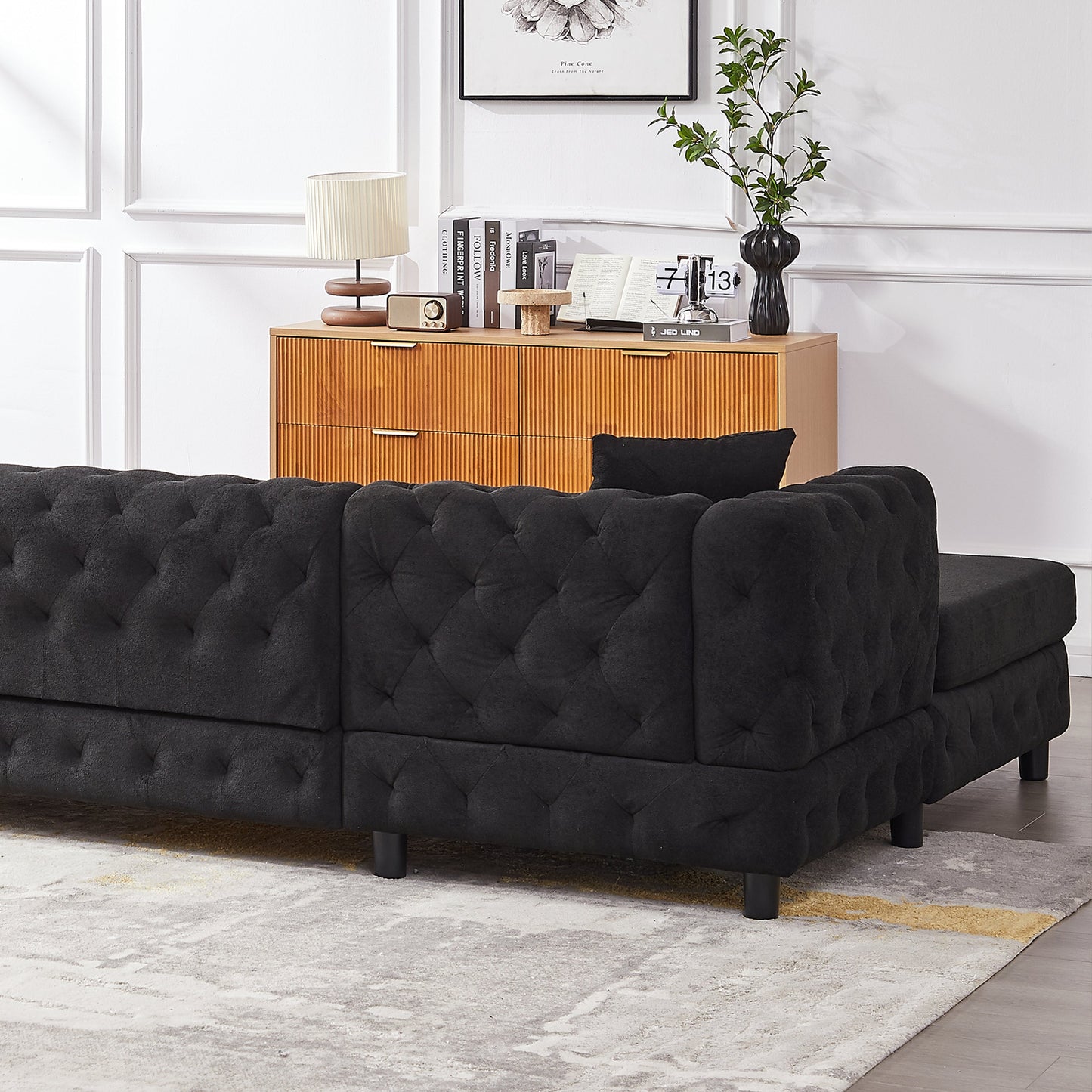 126-Inch Modern Style Chenille Three Piece Sofa, Pull Point Design U-Shaped Sofa Two Chaise Longue Seats, Two Pillows