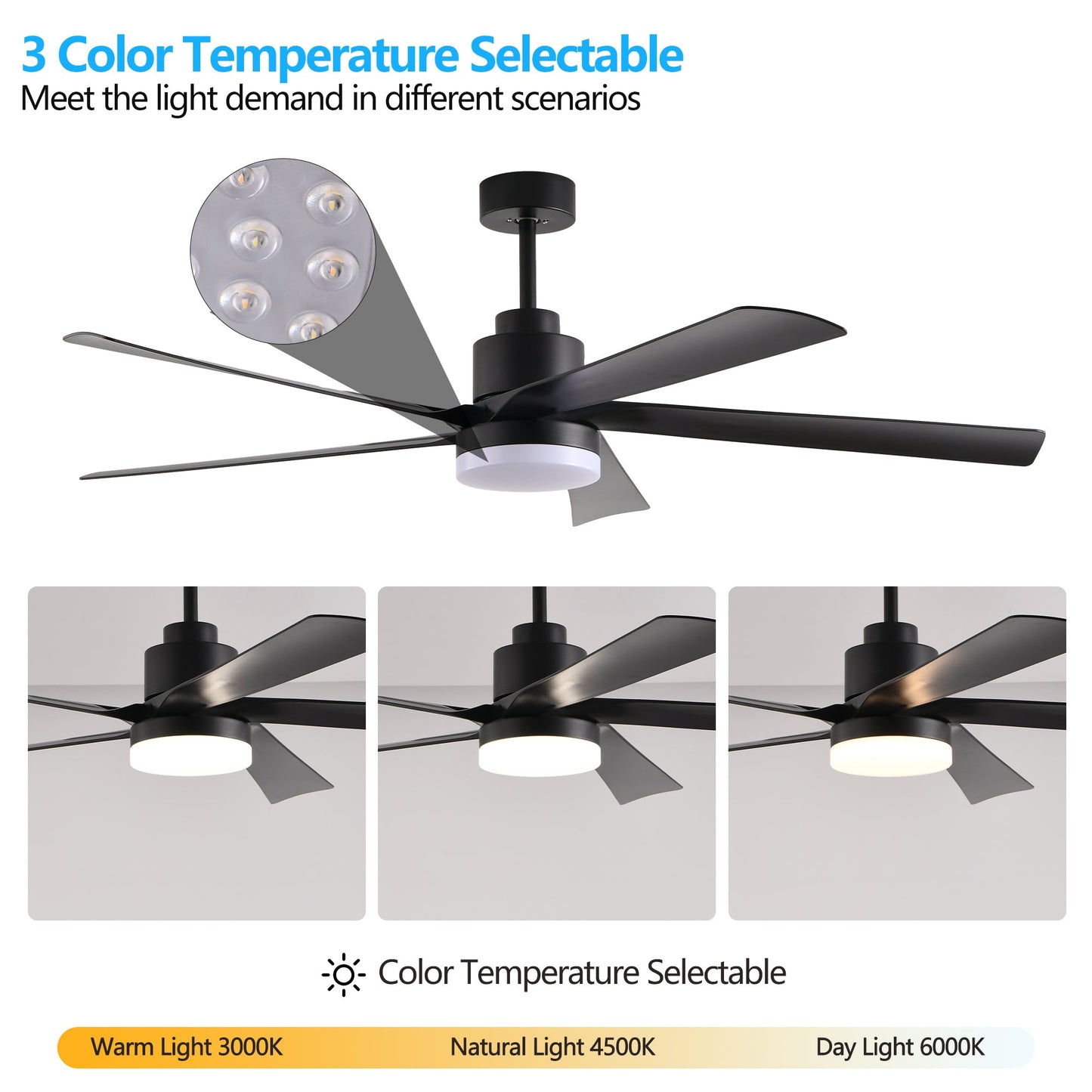 65 Inch Black Ceiling Fan With Light, 5-Blade Dimmable LED Ceiling Fan With Remote Control, Modern Quiet Design