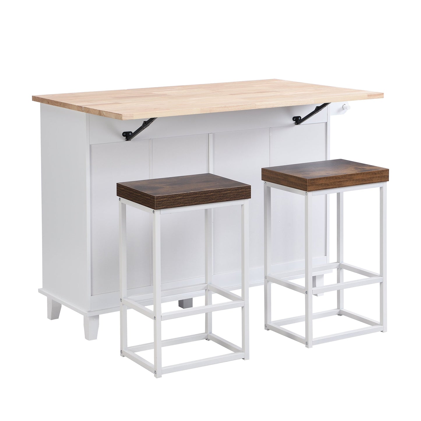 Farmhouse Kitchen Island Set With Drop Leaf and 2 Seatings,Dining Table Set With Storage Cabinet, Drawers and Towel Rack