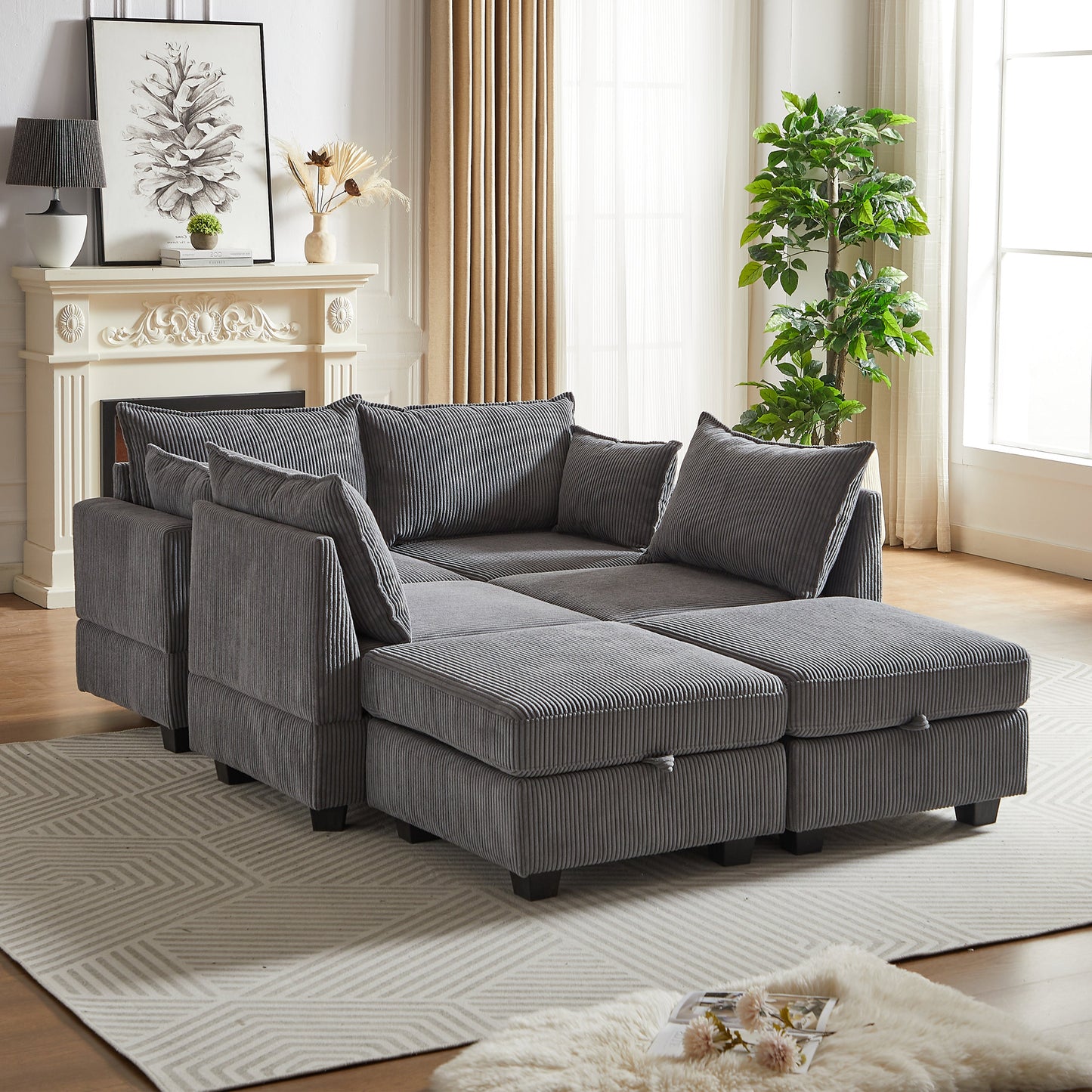 113.5'' Modular Sectiona Corduroy Sofa, Sectional Couches for Living Room U Shaped Sectional Couch With Storage Ottoman