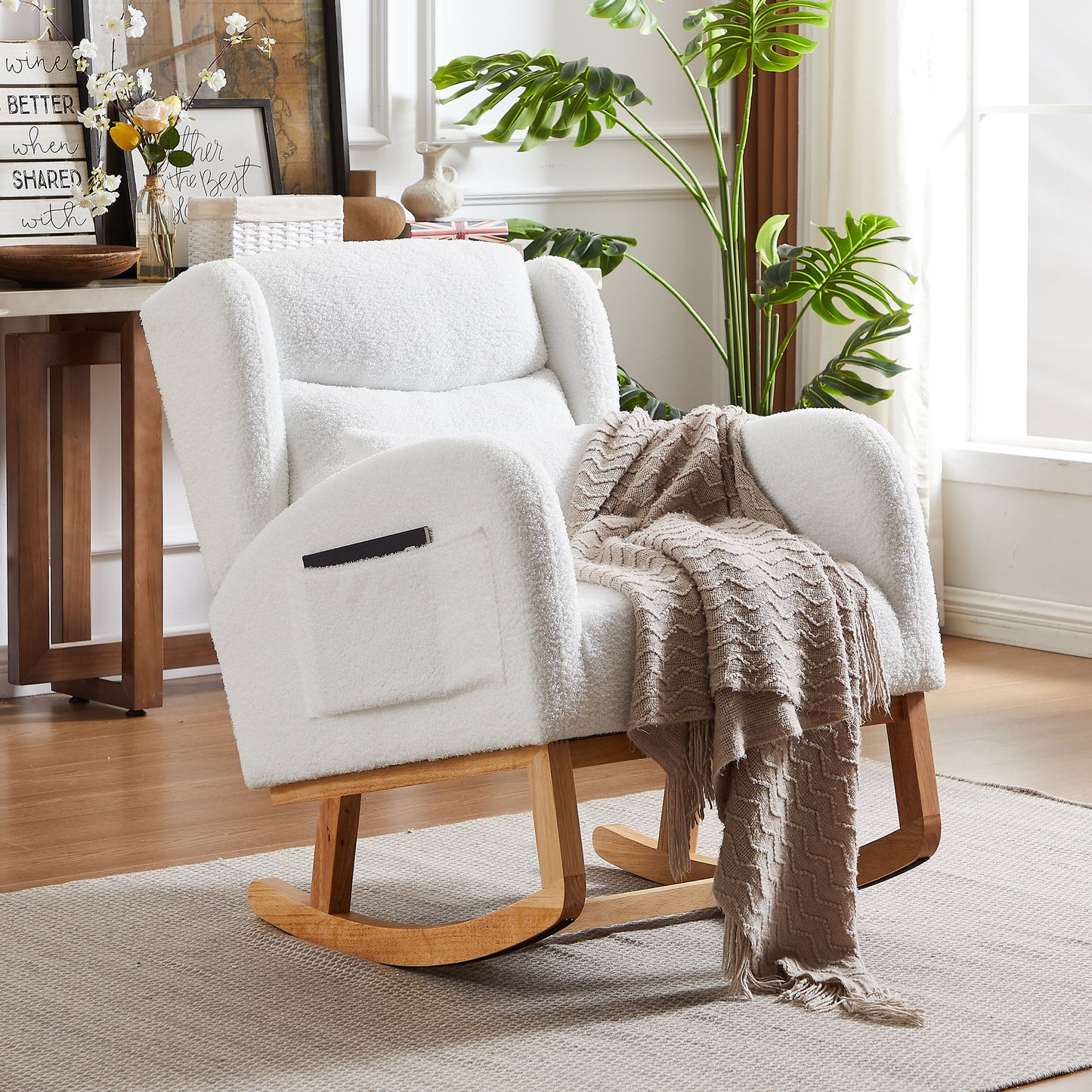 Modern Accent High Backrest Living Room Lounge Arm Rocking Chair, Two Side Pocket