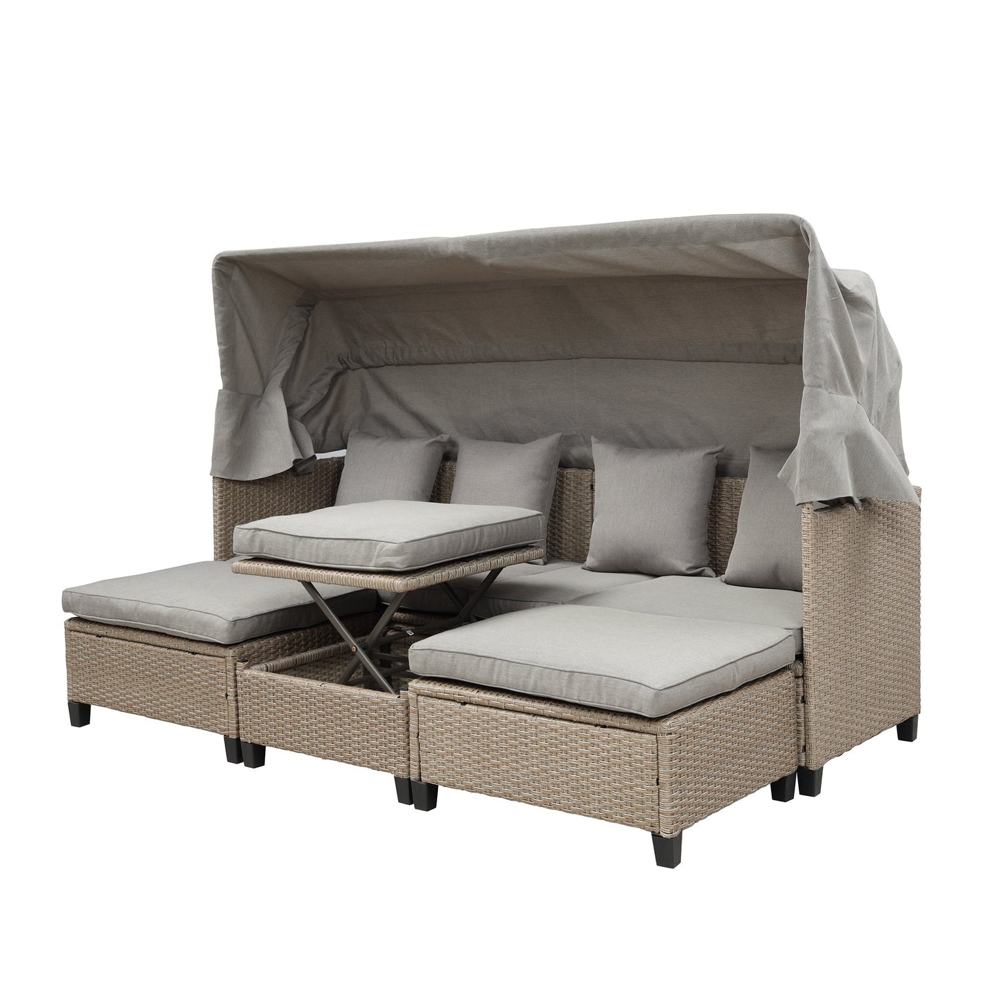 4 Piece UV-Proof Resin Wicker Patio Sofa Set With Retractable Canopy, Cushions and Lifting Table,Brown