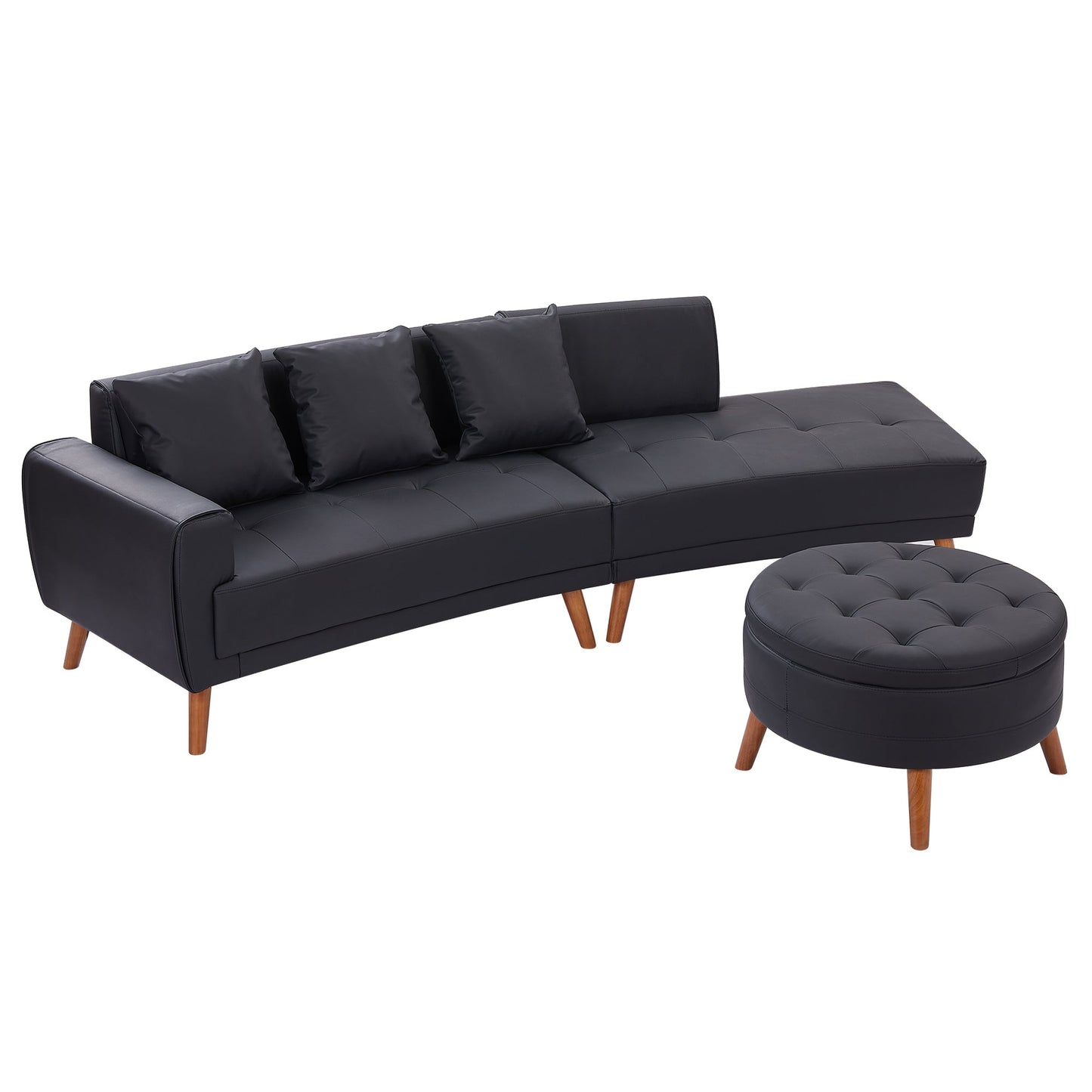 107" Contemporary Sofa Stylish Sofa Couch With a Round Storage Ottoman and Three Removable Pillows for Living Room, Black