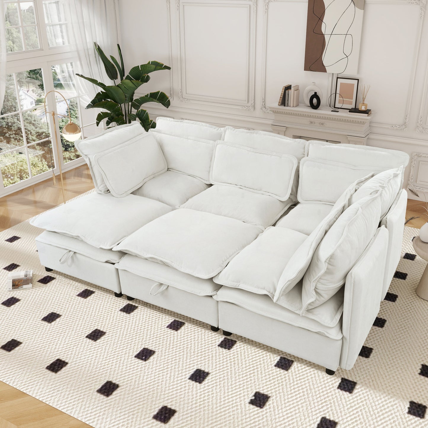Double-Layer Cushion Modern Large U-Shaped Modular Sofa, Freely Combinable 6-Seater With Storage Function, Convertible