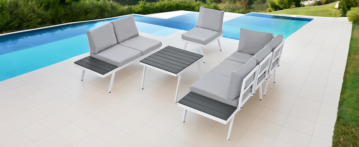 Industrial 5-Piece Aluminum Outdoor Patio Furniture Set, Modern Garden Sectional Sofa Set With End Tables, Coffee Table