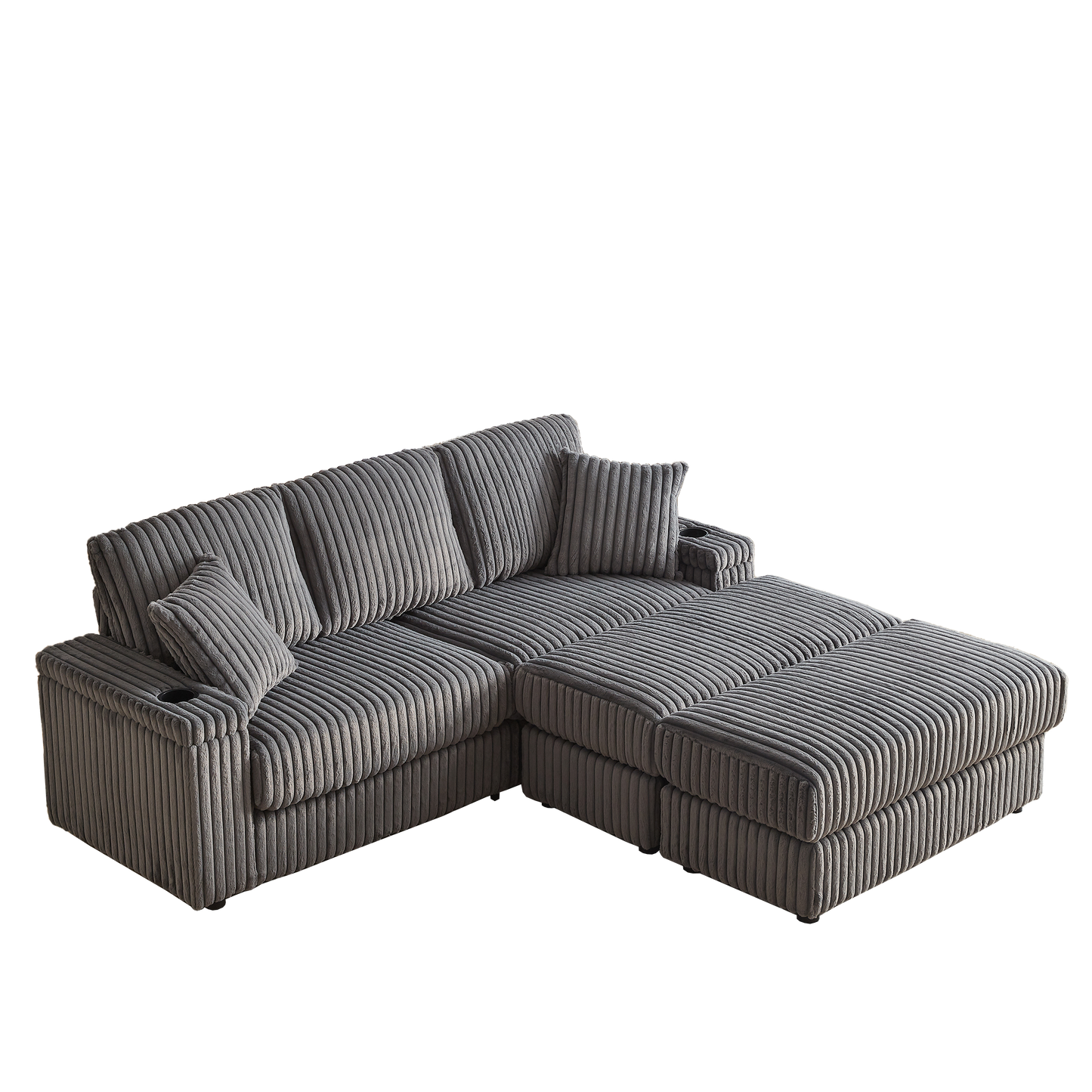 84Inch Corduroy 3-Seater Sofa With 3 Back Pillows ,2 Toss Pillows , a Ottoman ,2storage Spaces and Cup-Holding Grooves