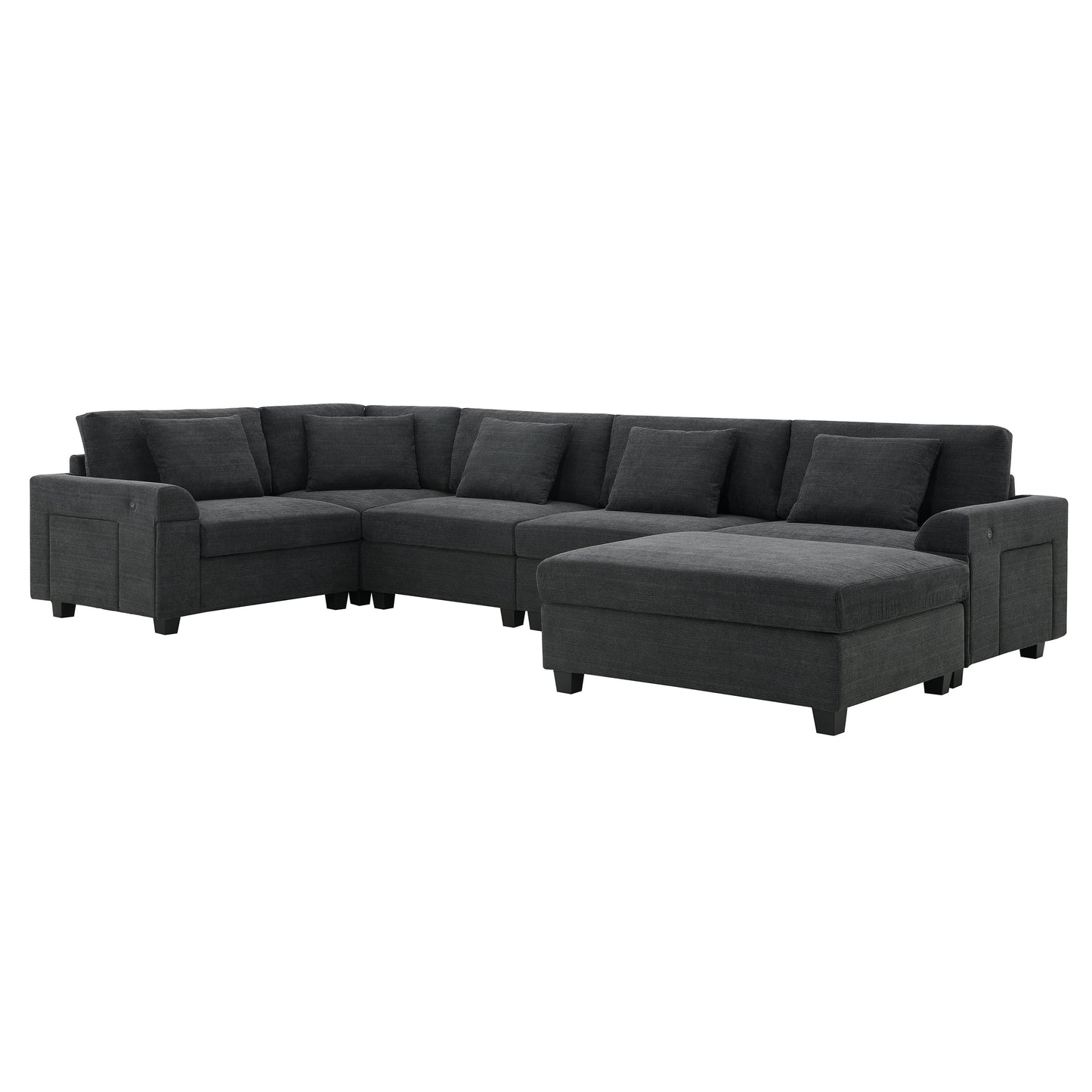 128*67" U Shaped Sectional Sofa,6 Seat Chenille Couch Set With Oversized Ottoman,Hidden Armrest Storage and Cup Holders
