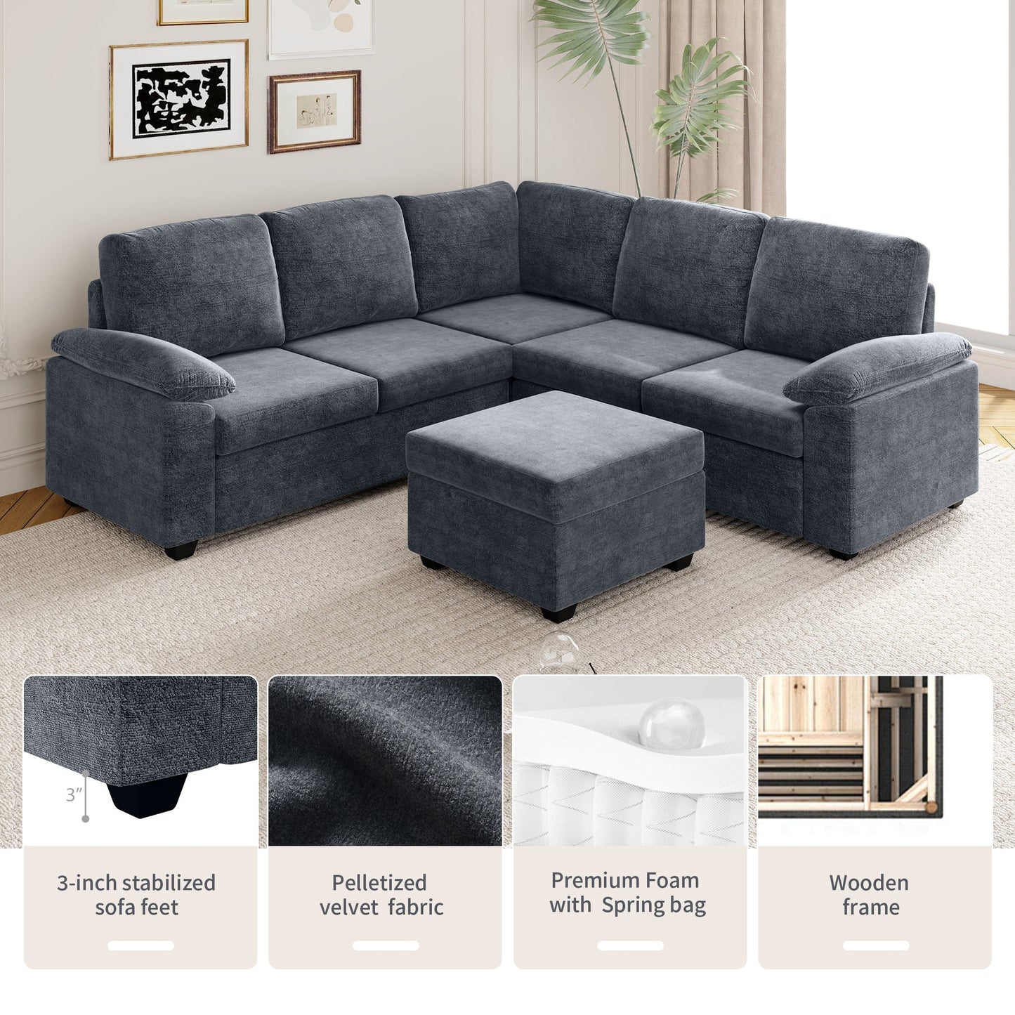 84*84" Modern Velvet Sectional Sofa Set,Large U Shaped Upholstered Corner Couch With Ottoman,Armrest Pillow