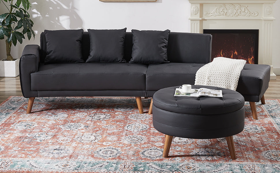107" Contemporary Sofa Stylish Sofa Couch With a Round Storage Ottoman and Three Removable Pillows for Living Room, Black